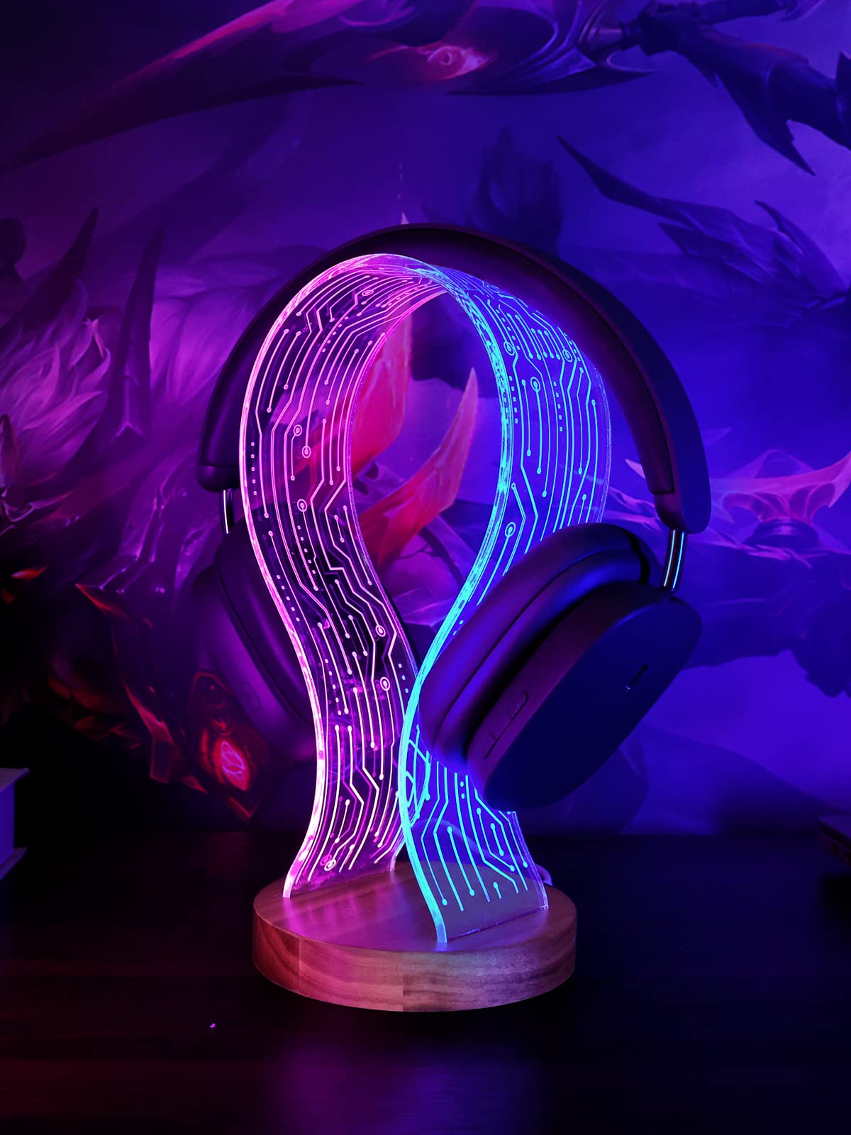 YuanDian Headphone Stand, Walnut Wood Headset Holder with Blue Pink LED Night Light - Perfect Desk Gift Idea - Ideal Gaming Accessory and Room Decor