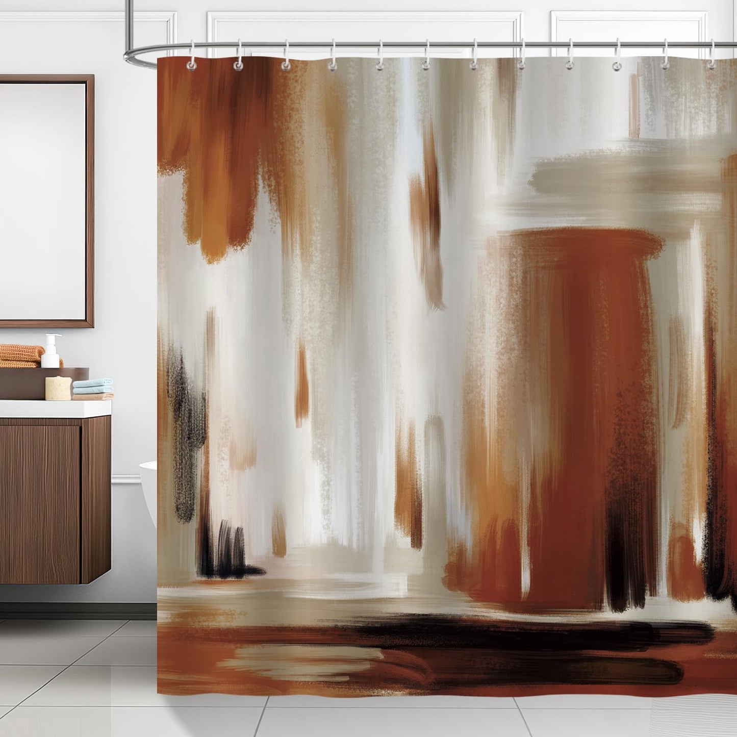 Bonhause Abstract Modern Shower Curtain, Brown Brush Strokes Art Bathroom Curtain 180 x 180 cm Waterproof Mildew and Mould Resistant Polyester Fabric