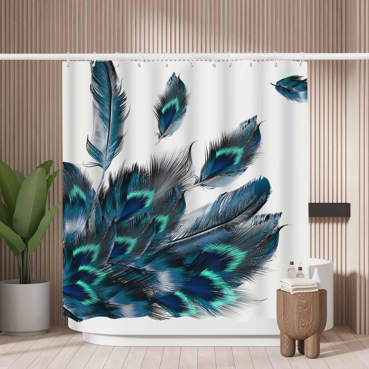 Woutay Shower Curtain Water Repellant Fabric Emerald Peacock Feather,Mould Proof Resistant,Polyester,Size 180x180CM