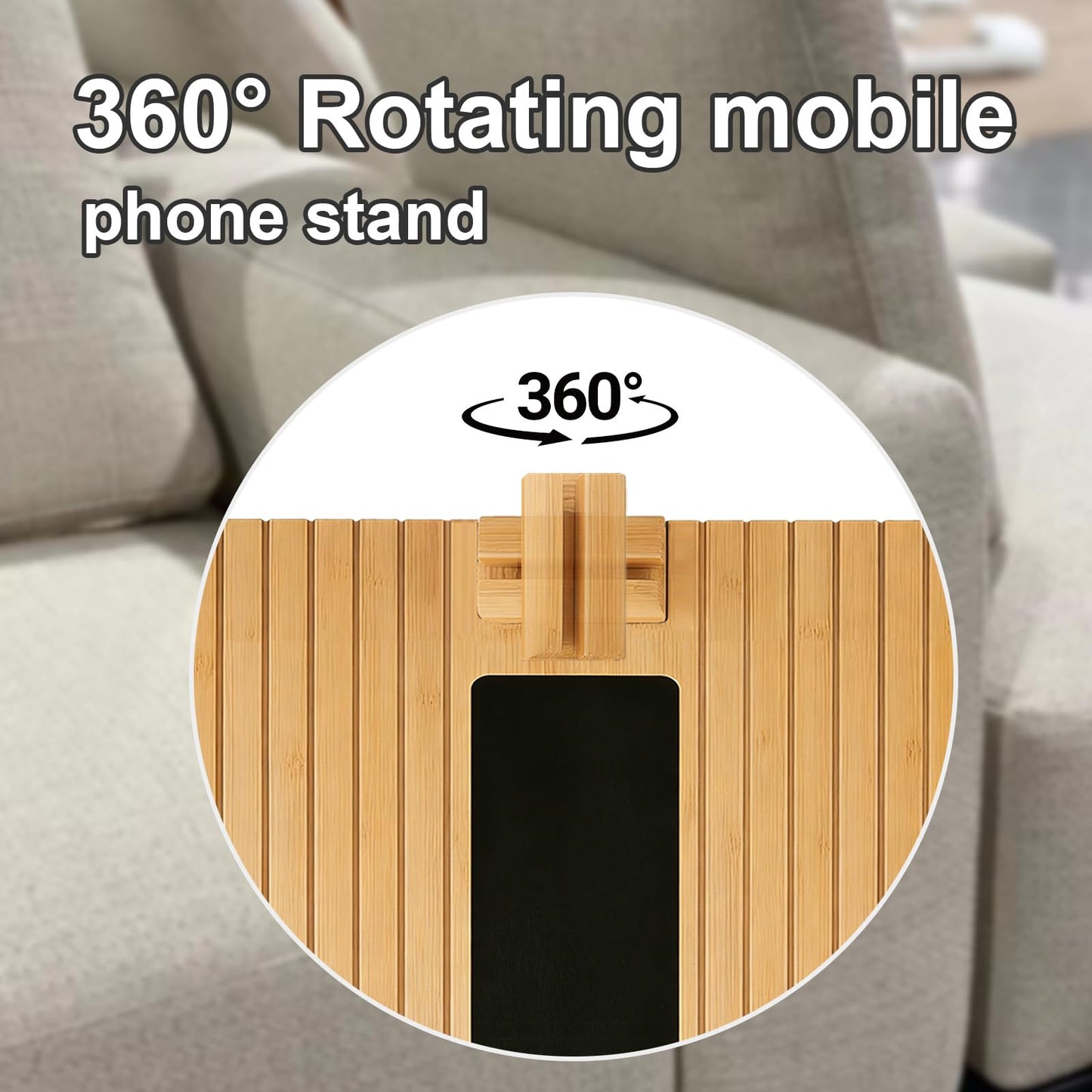 ULIKEUS Bamboo Sofa Armrest Tray Table with Rotating Mobile Holder Non Slip Foldable Couch Arm Table for Drinks Cup Cellphone Remote Snacks