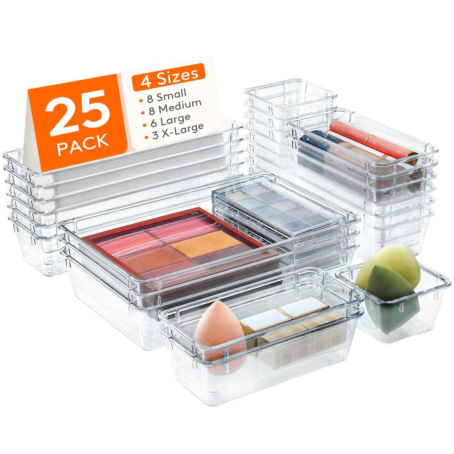 Lifewit 25pcs Drawer Organiser Set, Plastic Makeup Drawer Organiser, Clear Desk Drawer Dividers Tray for Cosmetic, Stationery and Gadgets, Draw