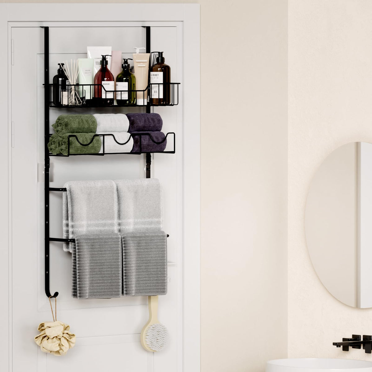 THYGIFTREE 4 Tiers Towel Racks for Bathroom Door Adjustable Bathroom Towel Holder with Storage Basket Towel Storage for Bathroom Towel Bar for