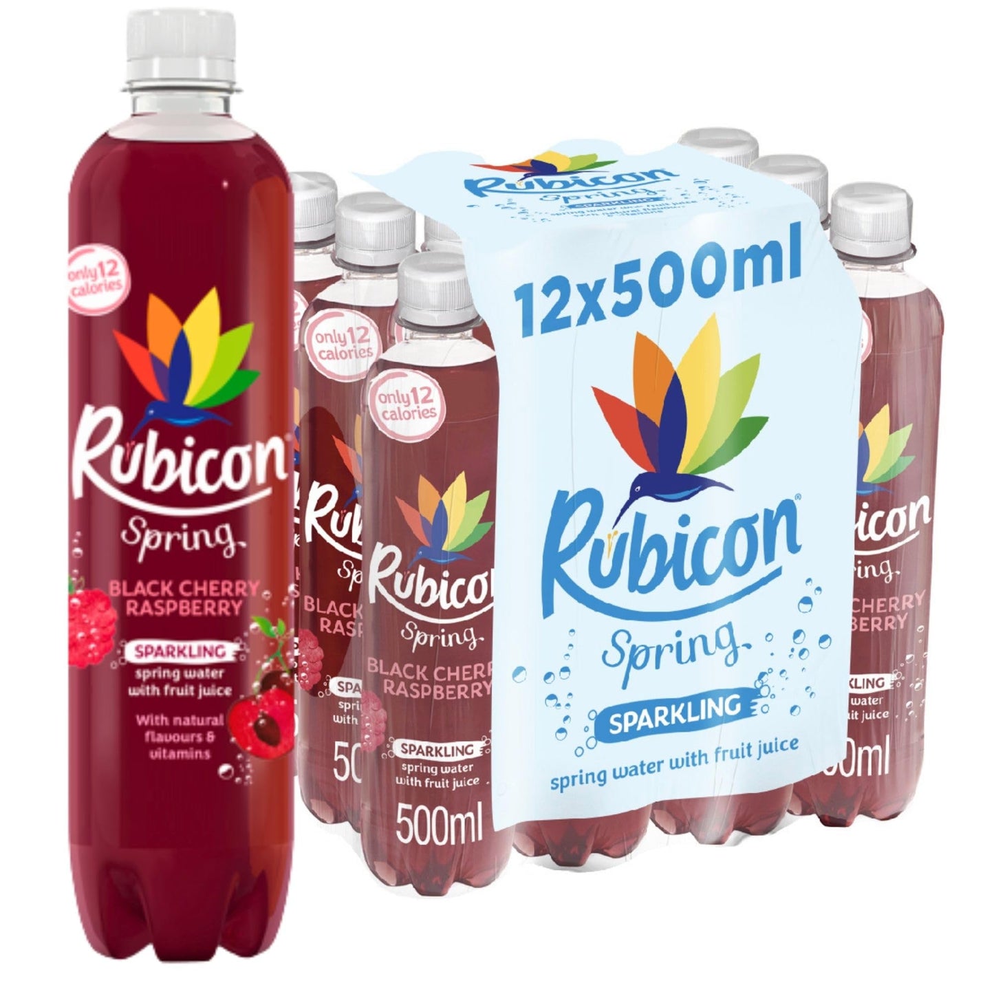 Rubicon Spring 12 Pack Black Cherry Raspberry, Sparkling Spring Water with Real Fruit Juice & Natural Flavours, Only 13 Calories - 12 x 500ml