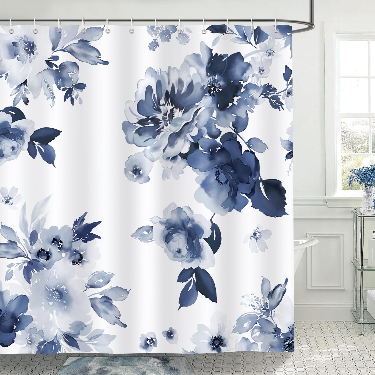 Bonhause Navy Blue Floral Shower Curtain, Watercolor Flower Modern Bathroom Curtain 180 x 180 cm Waterproof Mildew and Mould Resistant Polyester