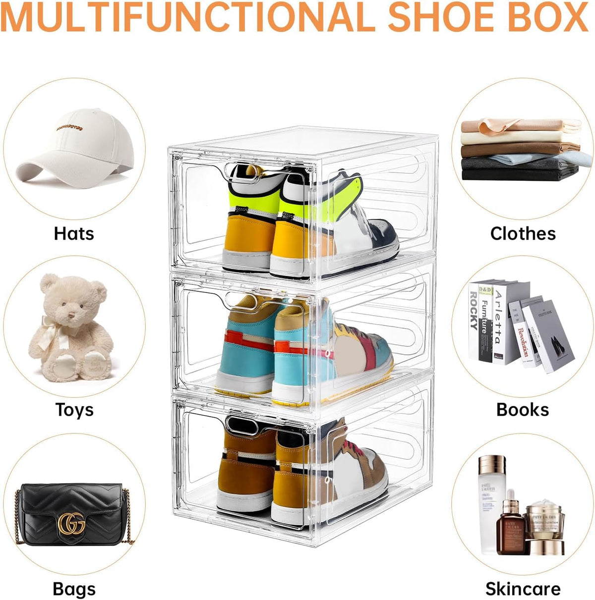 INSTY 6 Pack Modern/Functional Transparent Plastic Shoe Storage Box, Shoe Organizer with Magnetic Door, Stackable, Fits up to US Size 12