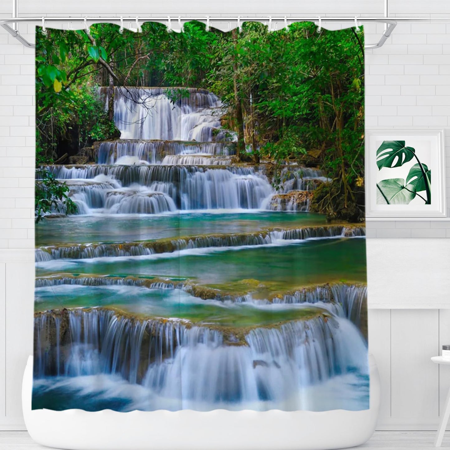 Abaysto Scenery Shower Curtain Green Lake Summer Waterfall in Forest Woodland Nature Jungle Scenery, Waterproof Polyester Fabric Shower Curtain with