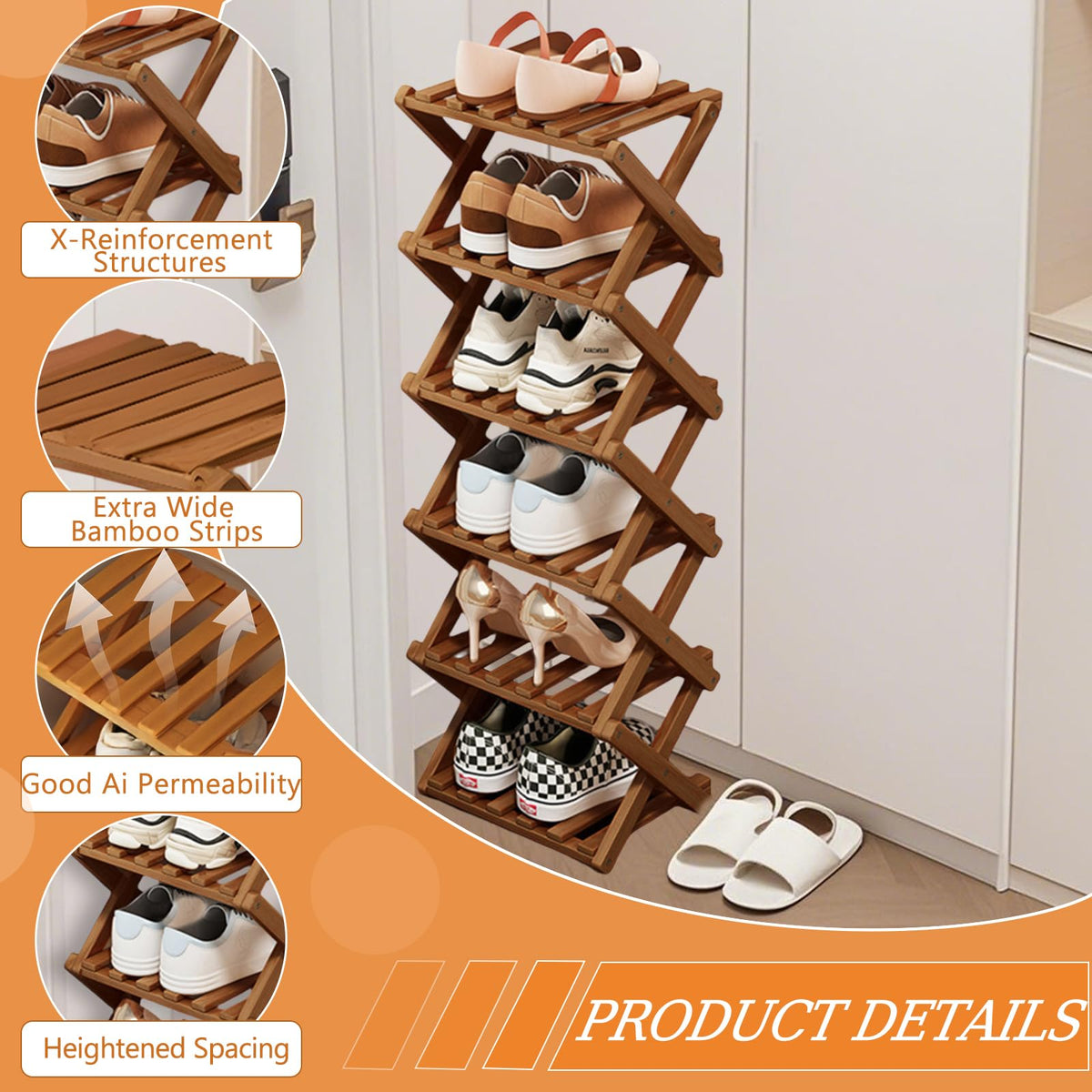 Kiss Me 6-Tier Bamboo Foldable Shoe Rack, Vertical, Space-Saving, Brown