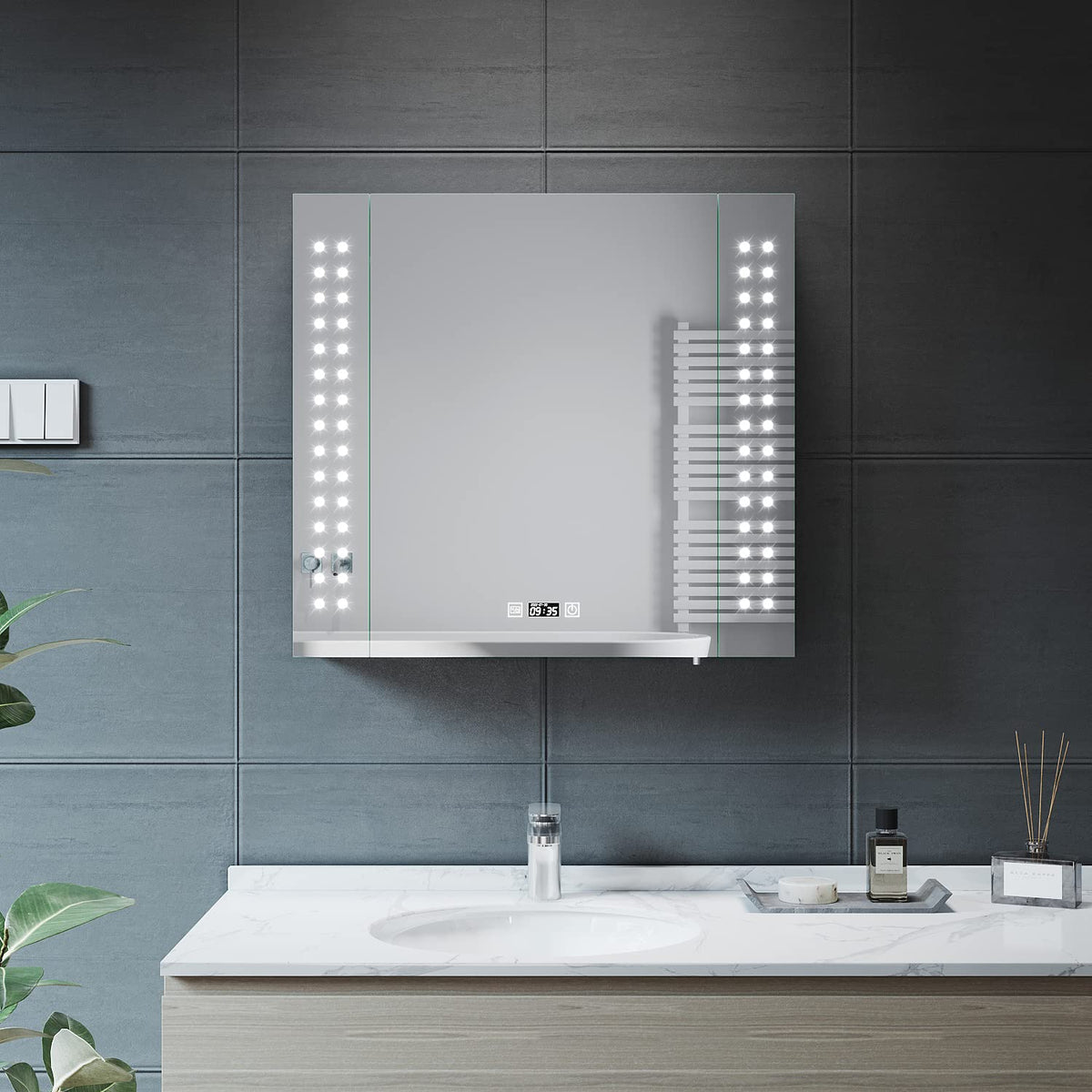 ELEGANT 650 x 600mm LED Illuminated Bathroom Mirror Cabinet with Shaver Socket, Stainless Steel Bathroom Wall Storage Mirror Cabinet with Dot Lights,