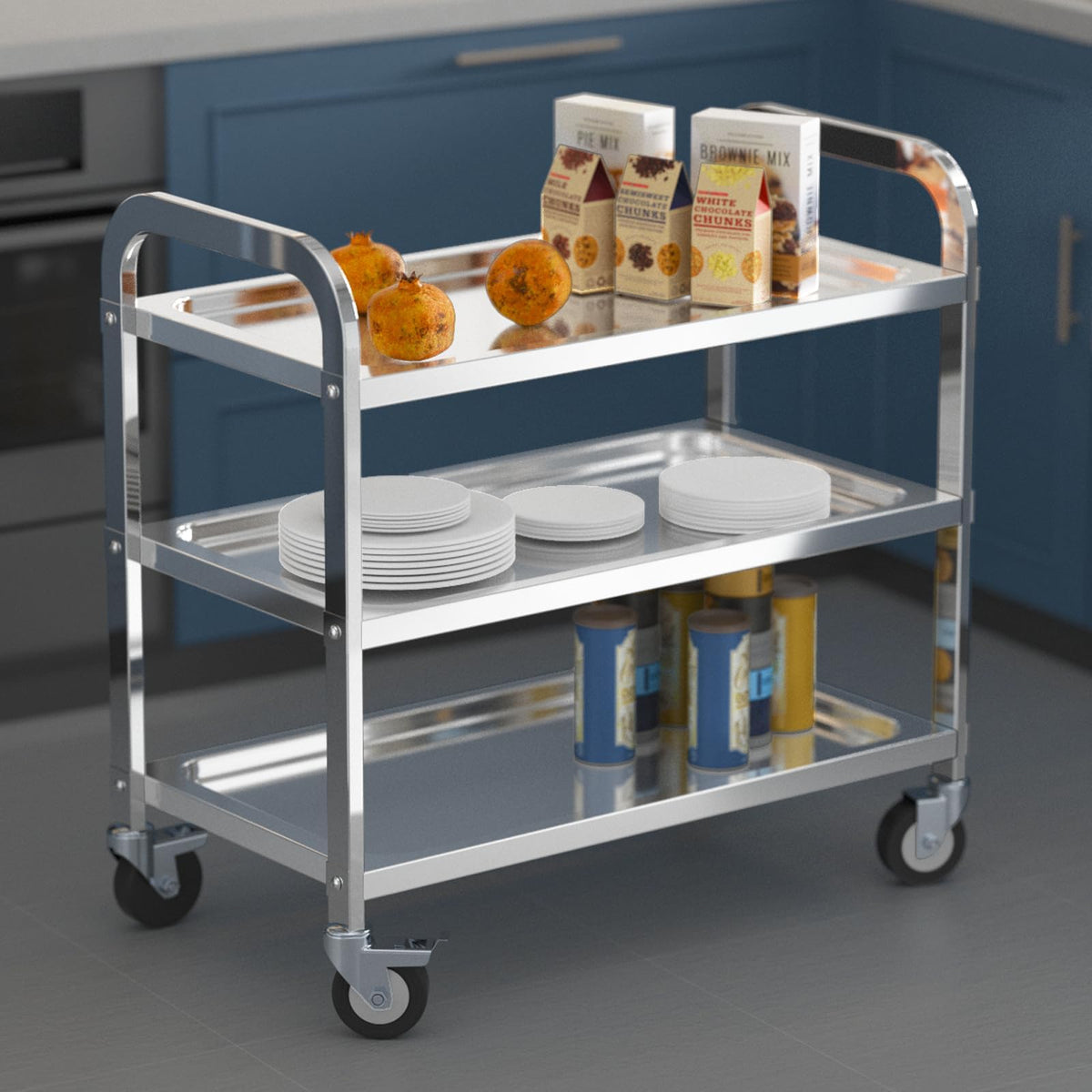 TAIMIKO Stainless Steel Utility Cart 3-Tier Kitchen Trolley Serving Trolley