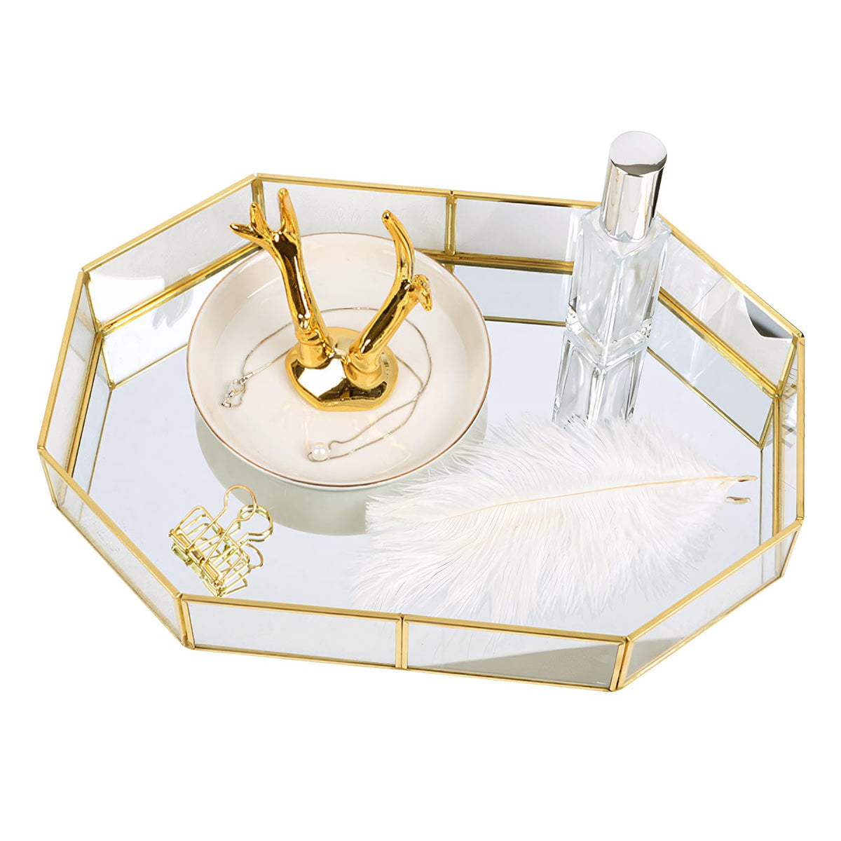 Golden Mirror Cosmetic Tray - Perfume and Toiletries Organizer, Jewelry Holder for Vanity, Dresser, Bathroom, Bedroom, Tabletop (S:200?142?45??)