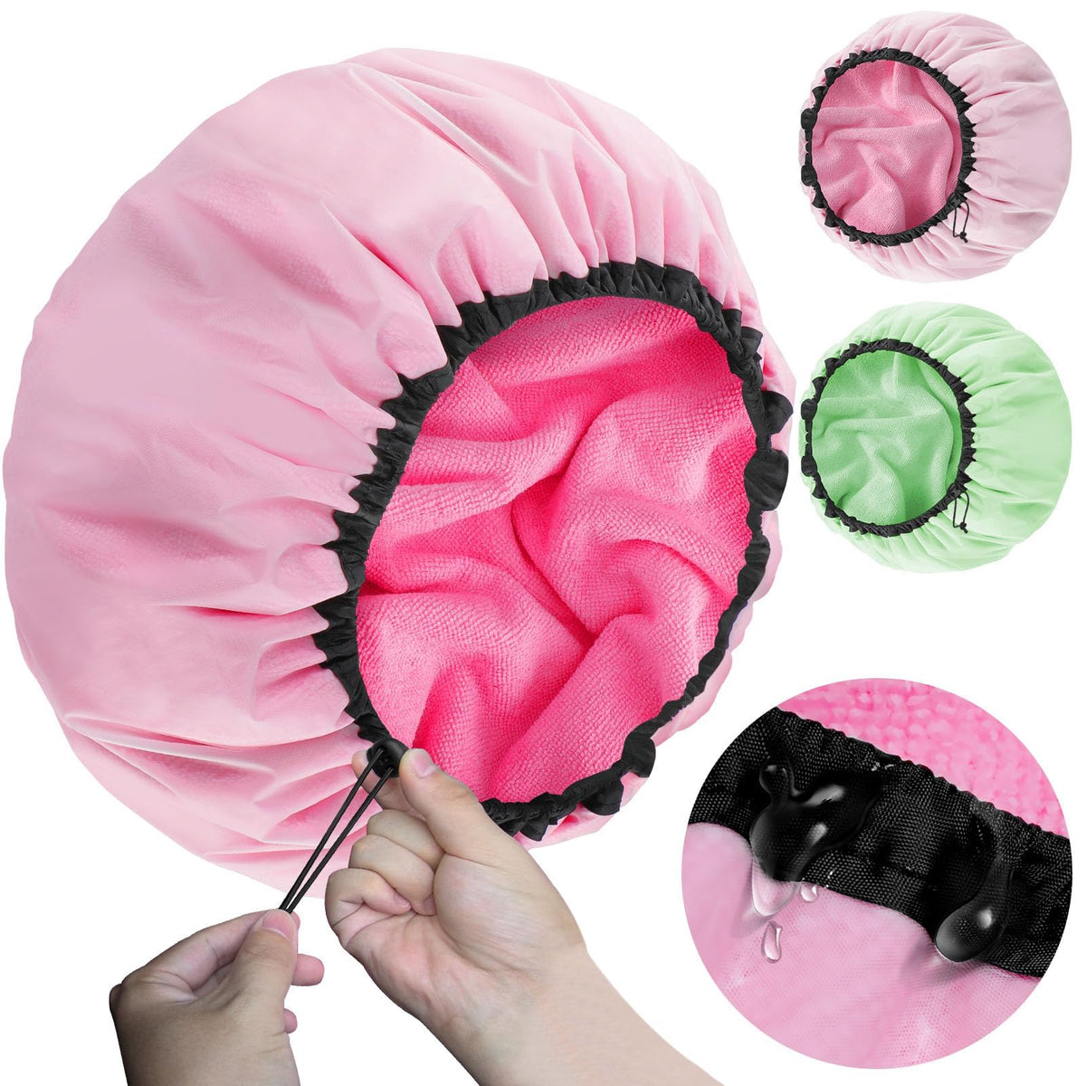 Sheomern 2 Pcs 13.5" Dual Waterproof Design Adjustable Terry Shower Cap for Women and Men, EVA Double Layer Bath Cap Reusable for Braids, Long Hair,