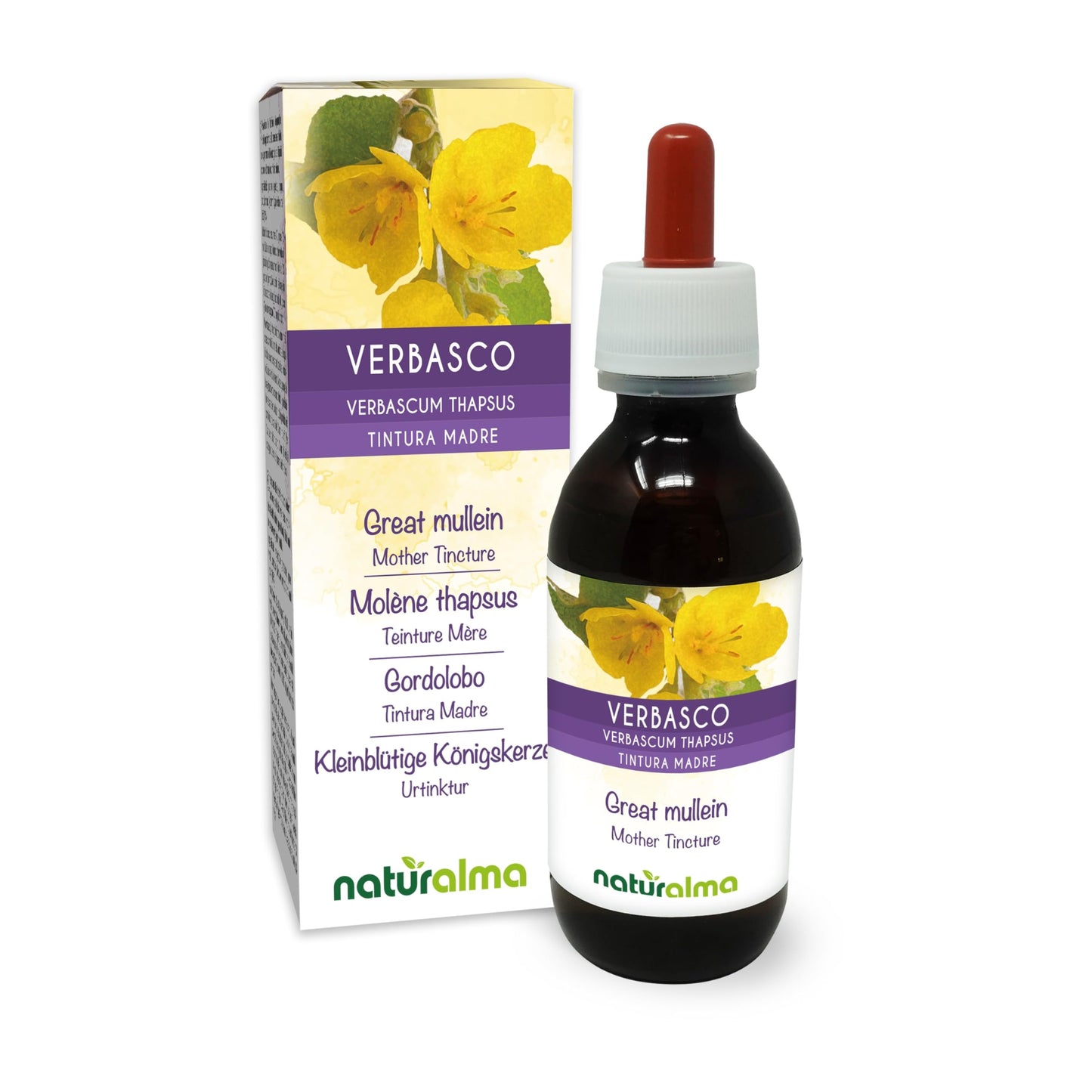 Great Mullein or Common Mullein (Verbascum thapsus) Flowers and Leaves Alcohol-Free Mother Tincture Naturalma - Liquid Extract Drops 120 ml - Food