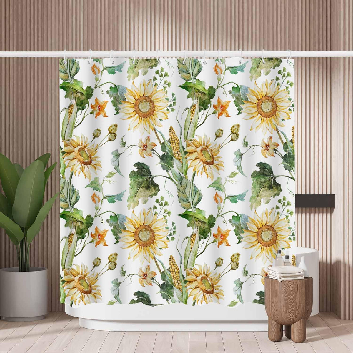 Woutay Shower Curtain Mould Proof Resistant Watercolor Sunflowers Corn Pumpkin Leaves,Water Repellant Fabric,Polyester,with 12 Plastic Hooks