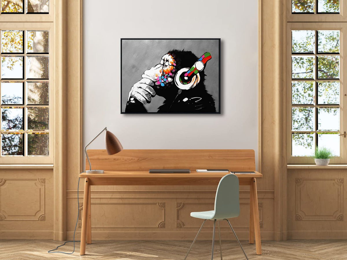 Wieco Art Large Black Framed Monkey With Headphones Banksy Graffiti Art Abstract Canvas Painting for Home Decor Canvas Wall Art for Living Room