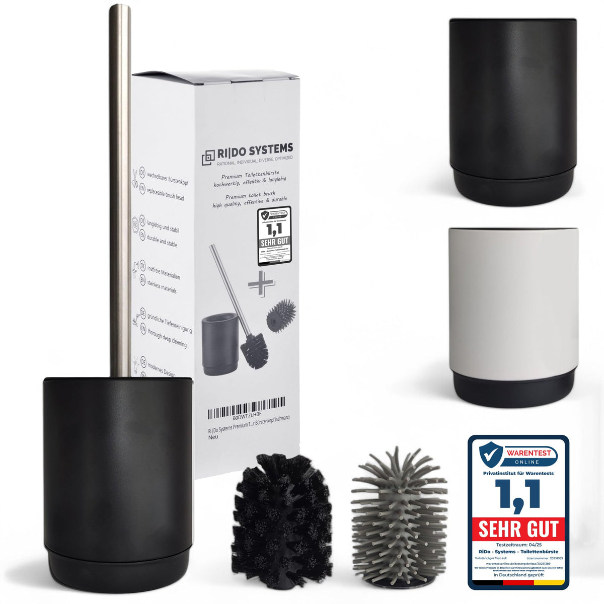 Ri|Do Systems Toilet Brush & Holder Black - Stainless Steel Handle - Toilet Brush Including 2 Brush Heads for the Bathroom