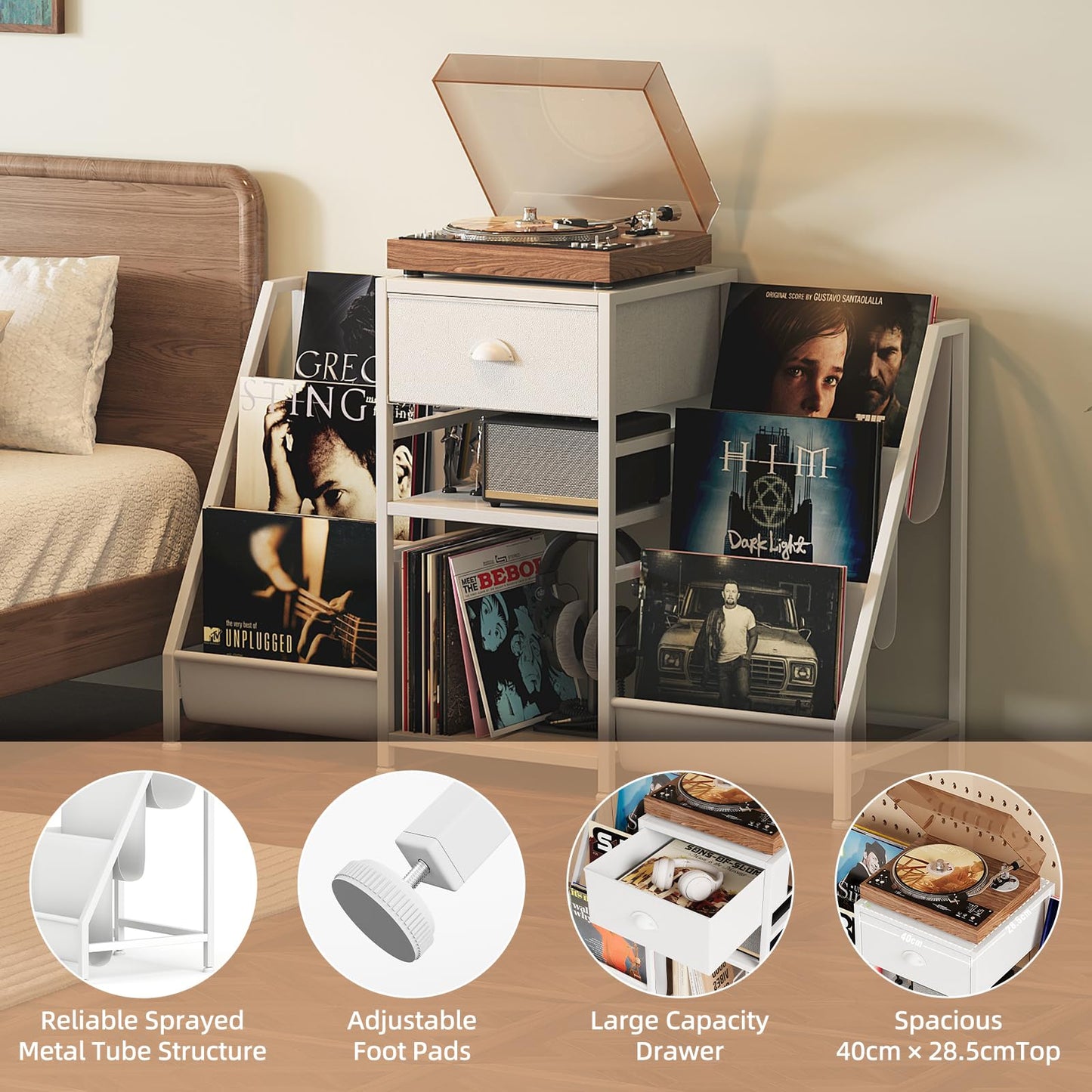 CAIYUN Record Player Stand Storage with 3-Tier and Fabric Drawer, Turntable Table Holds Up to 280 Albums, Bookshelf & CD Rack for Living Room