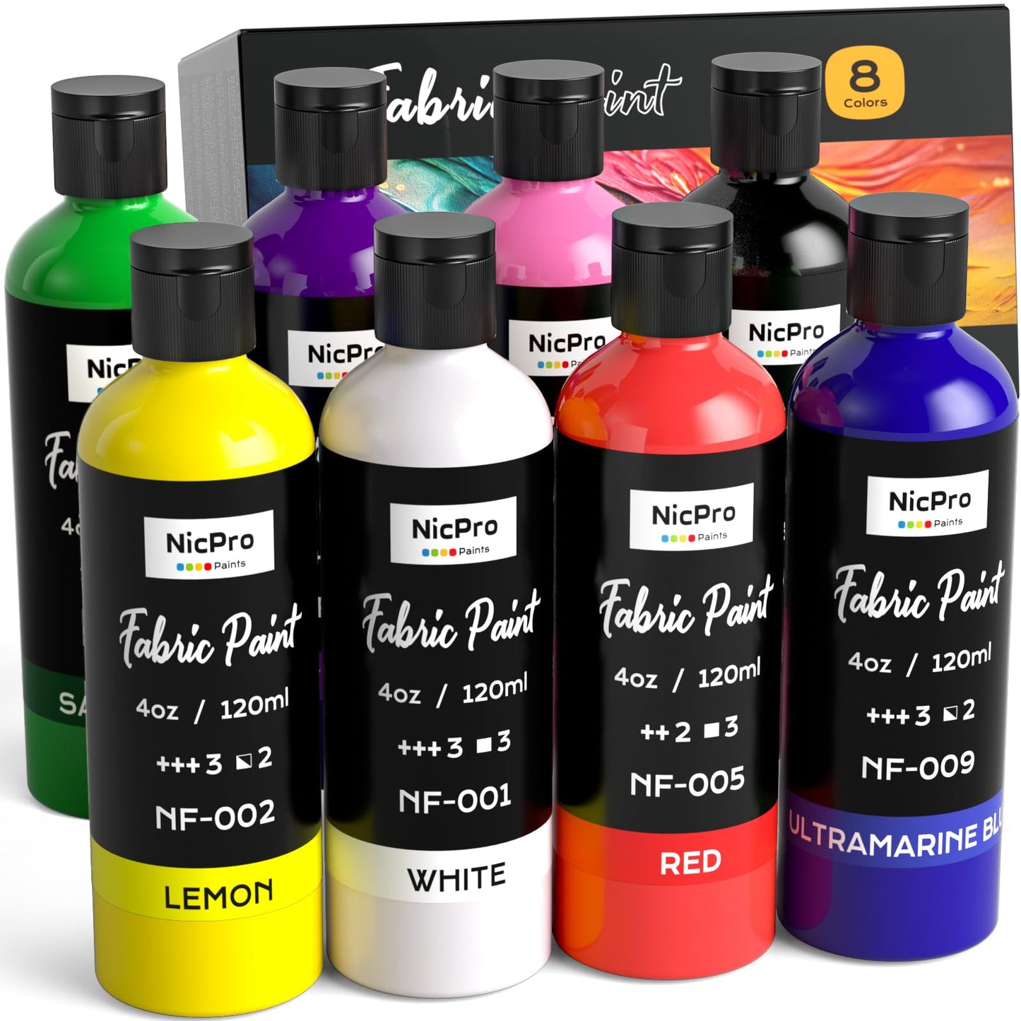 Nicpro 8 Colors Permanent Fabric Paint (4 oz, 120 ml) Soft Fabric Paint for Clothes, Non-Toxic Textile Paint for Fabric DIY Crafts, T-shirts, Shoes