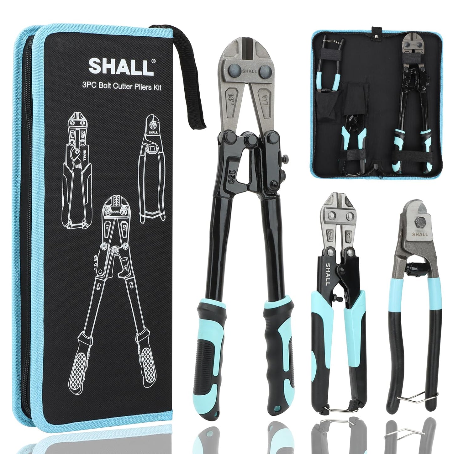 SHALL 3-Piece Bolt Cutter Kit, 14" Heavy Duty Bolt Cutter, 8" Wire Cutter, 8" Wire Rope Cutter, Ergonomic Handle, Security Lock, More Efficient