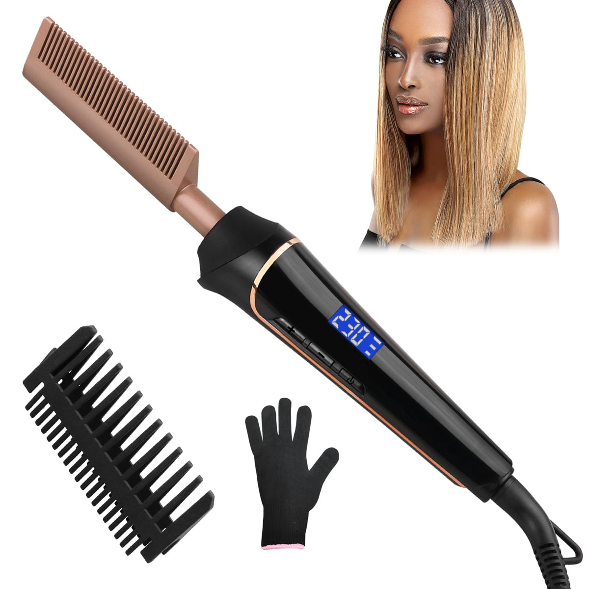 Hot Comb Straightener for Wigs & Afro Hair, 230?C Electric Heat Pressing Comb, Adjustable 80-230?C Temperature, LCD Display with Anti-Scald Hood &