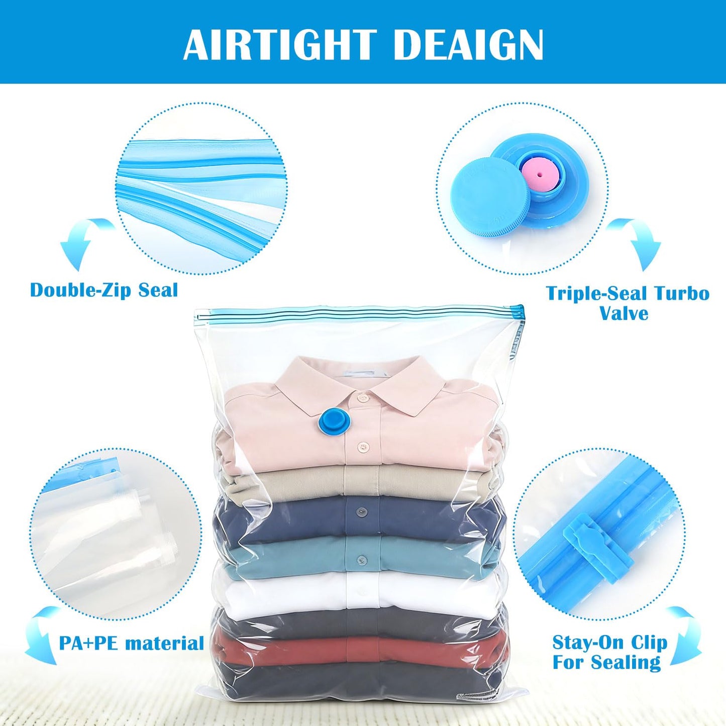OWill Vacuum Storage Bags 6 Pack with Travel Hand Pump, Reusable Space Saver Bags for Clothes, Sweaters & Blankets, 3 Mixed Sizes