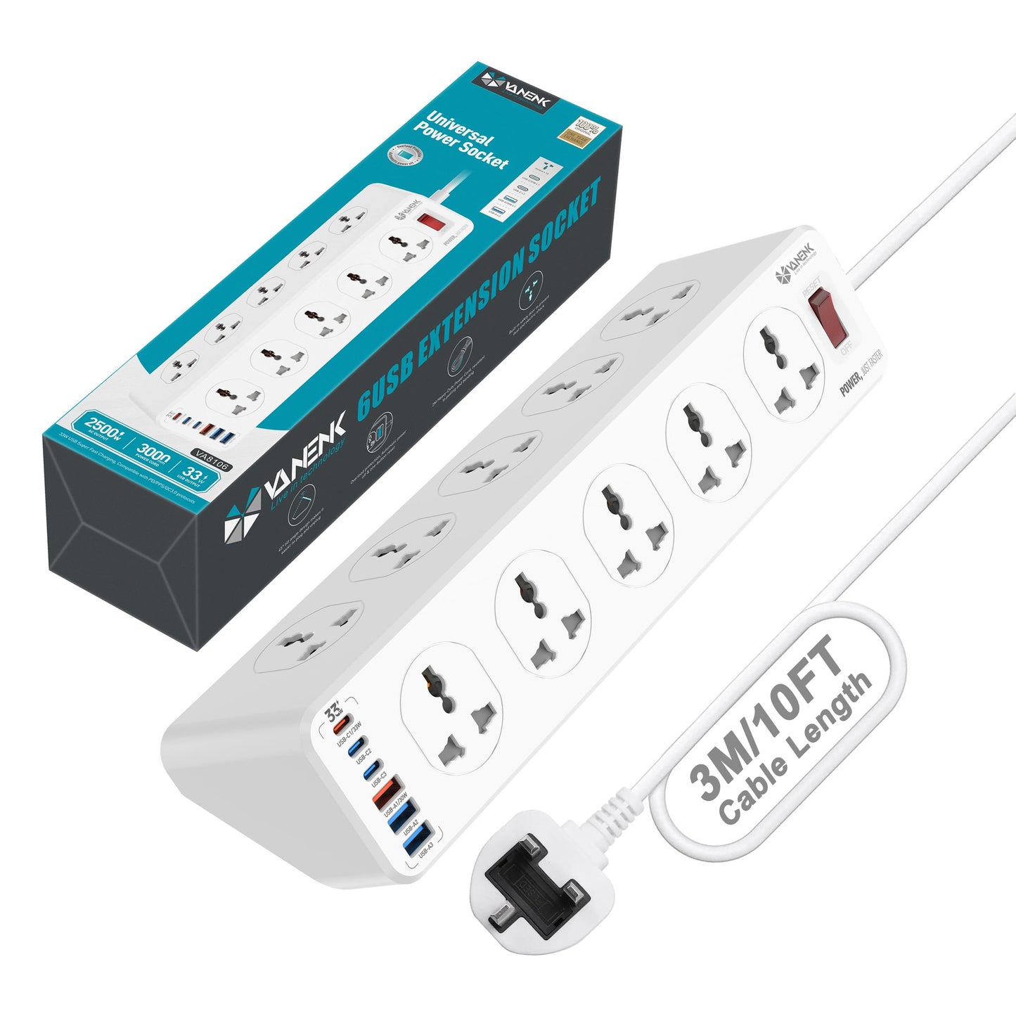 VANENIK Extension Lead with USB C Slot 3M - 10 Way Universal Power Strip with Surge Protector - 10 Gang Extension Socket with 6 USB MAX 33W Fast