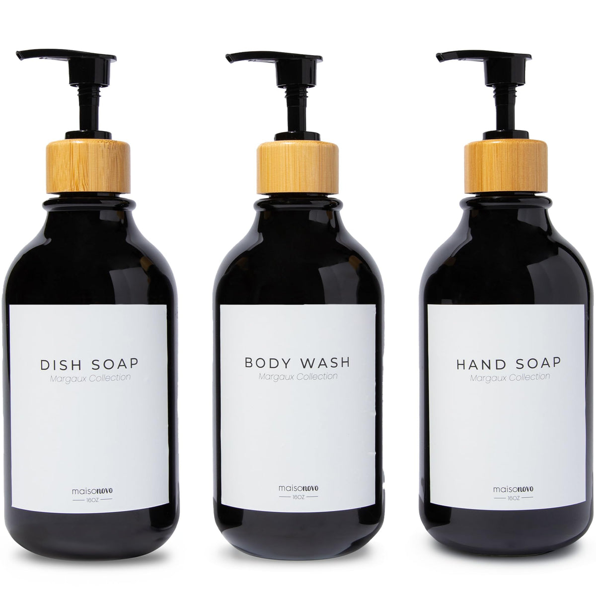 MaisoNovo Refillable Shampoo and Conditioner Bottles | 500 ml Set of 3 Black Plastic Bottles Black Bamboo Pumps