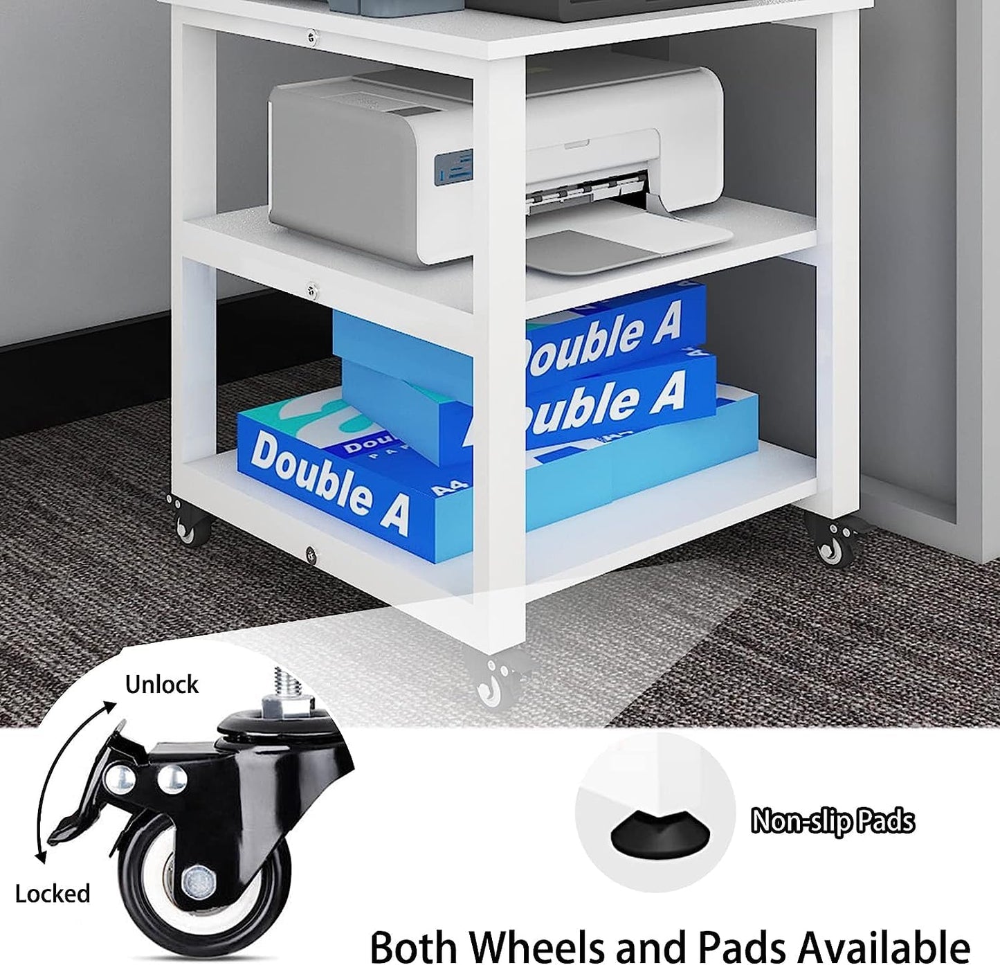 PUNCIA 3-Tier Laser Printer Stand with Storage 50x50x57.5cm Large Printer Table on Wheels Under Desk Storage Trolley Heavy Duty Rolling Cart Movable