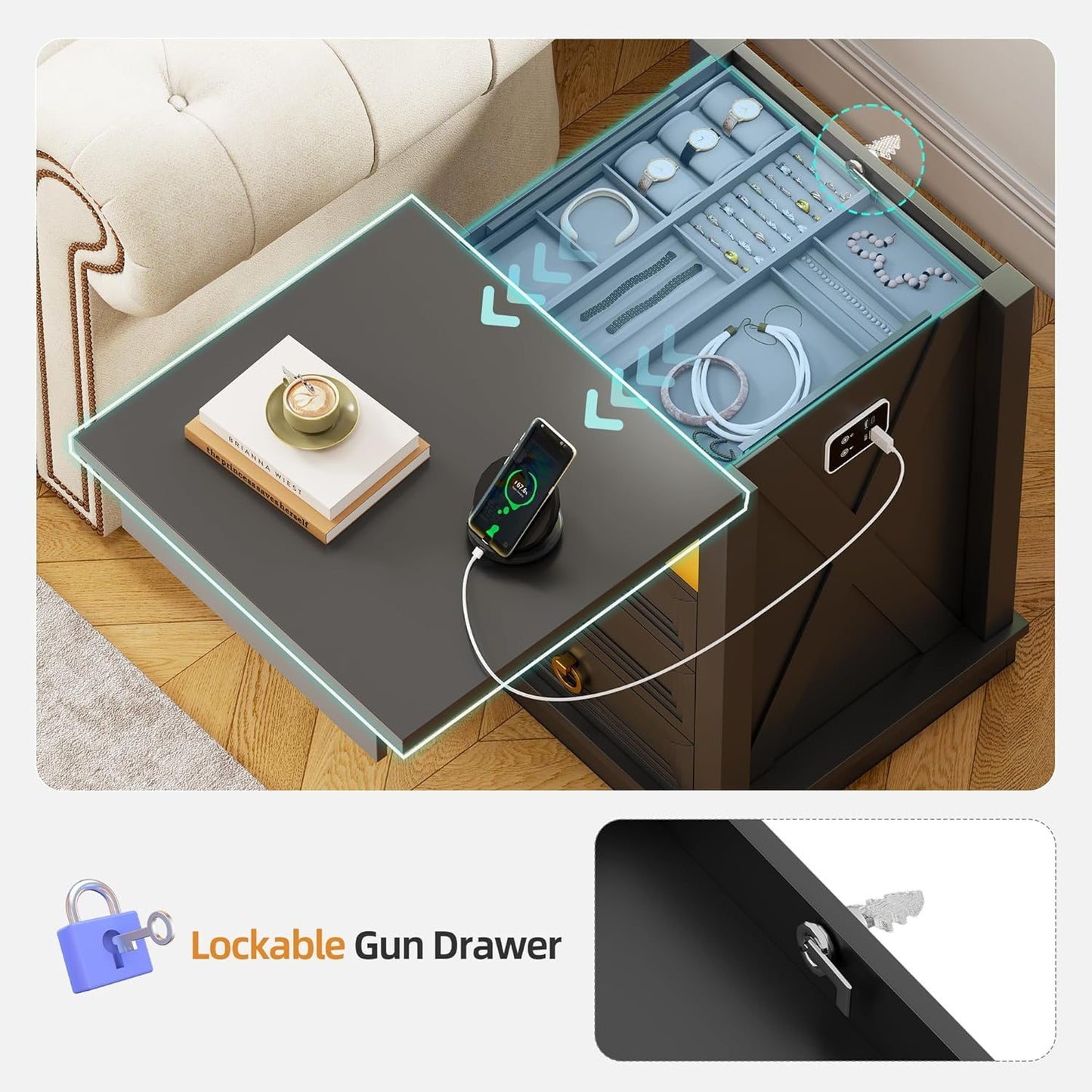 Lvifur Bedside Table - with Hidden Drawer,LED Nightstand with Charging Sation,Smart Night Stand with 3 Color Lights,End Table with Glass Desktop,3