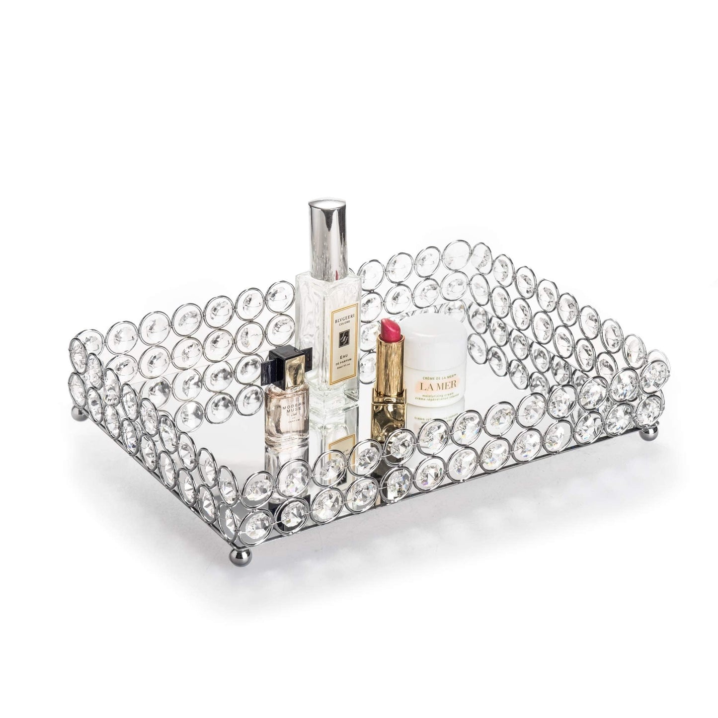 Feyarl Silver Mirrored Tray Crystal Perfume Tray Cosmetic Vanity Trays Skin Care Storage Decorative Trays for Home Dressing Table Wedding Decoration