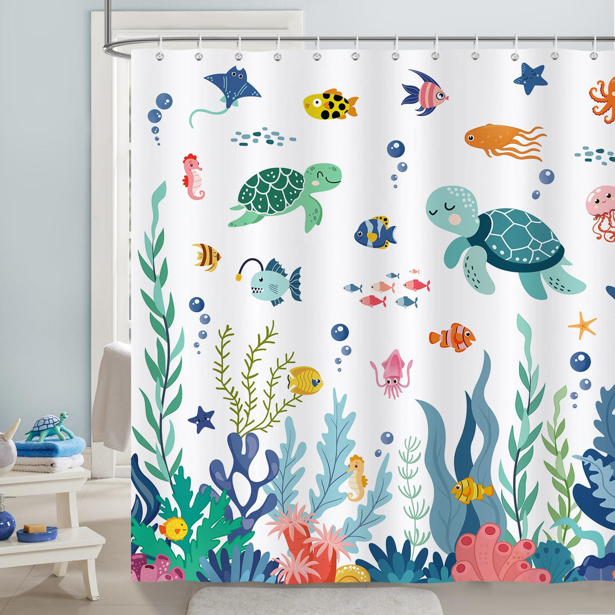 Bonhause Cartoon Sealife Shower Curtain, Kids Ocean Animal Turtle Fish Coral Bathroom Curtain 180 x 180 cm Waterproof Mildew and Mould Resistant