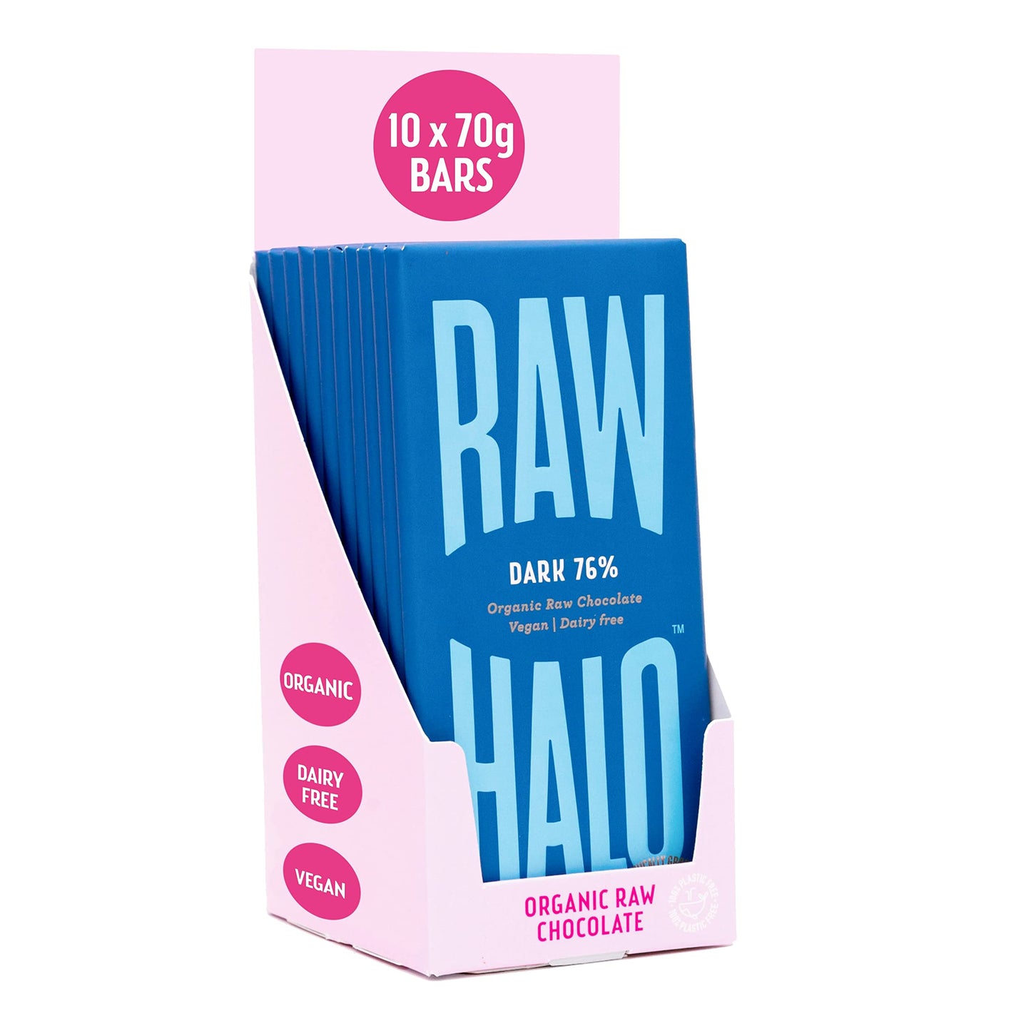 Vegan Chocolate Bar - Raw Halo - Dark Chocolate 76% - 10 x 70g Bars - Organic, Dairy & Gluten Free