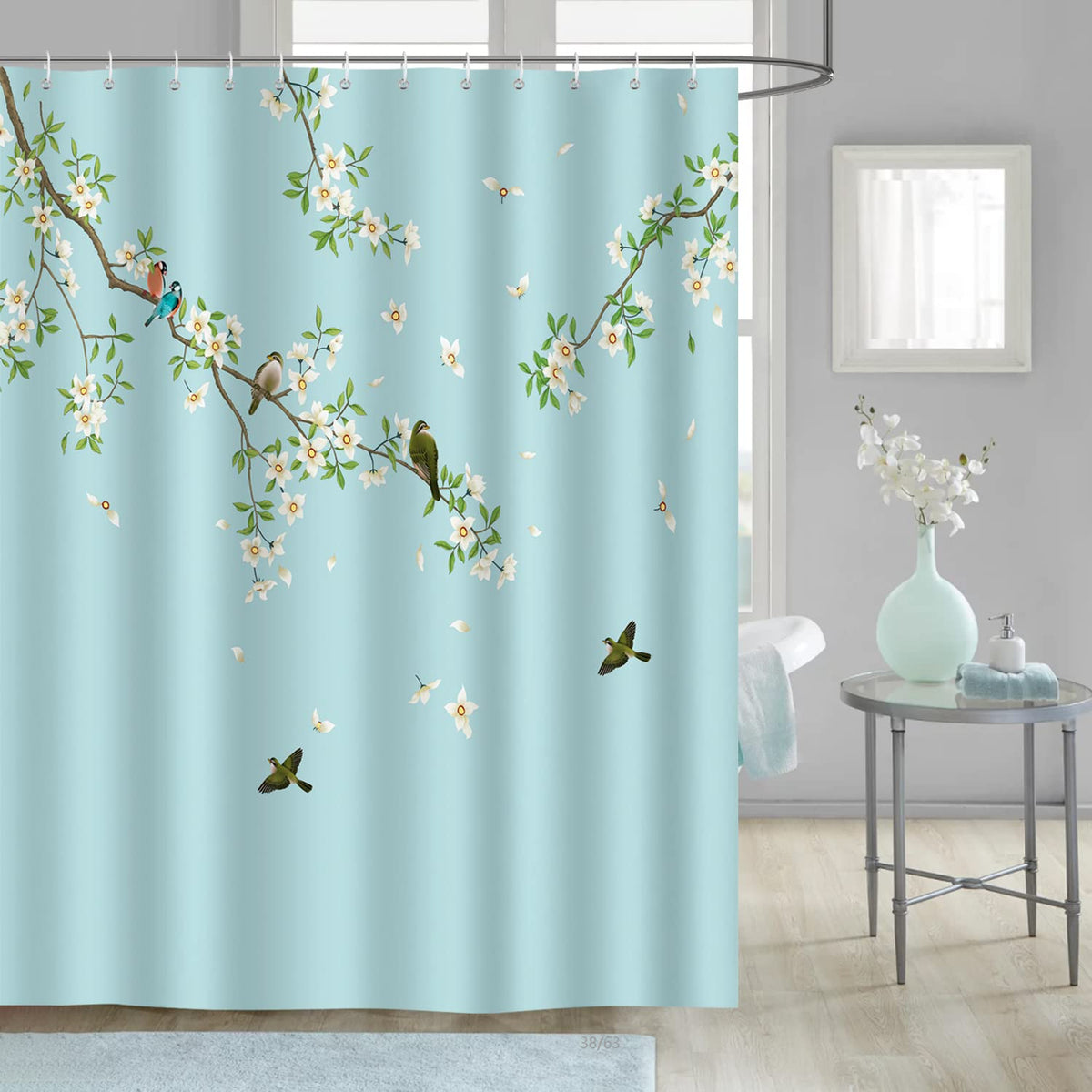 Bonhause Birds and Flowers Shower Curtain 180 x 180 cm Blossom Floral Bathroom Curtain Mildew & Mould Resistant Polyester Fabric Bath Curtain with 12