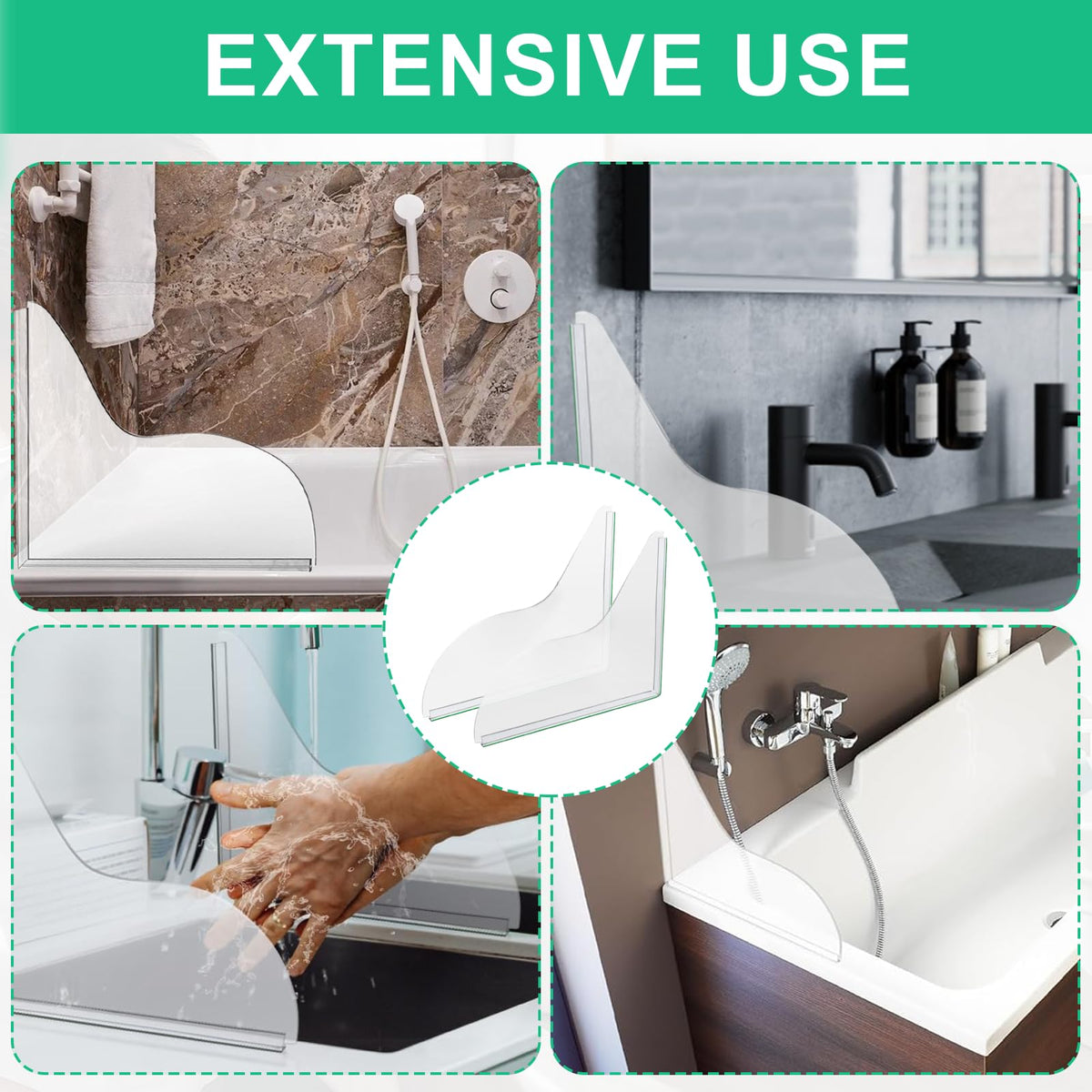 Dongnesi 2PCS Bath Shower Splash Guard, Kitchen Sink Water Splash Guard, Self Adhesive Corner Water Guards for Bathroom Restroom Bathtub Kitchen