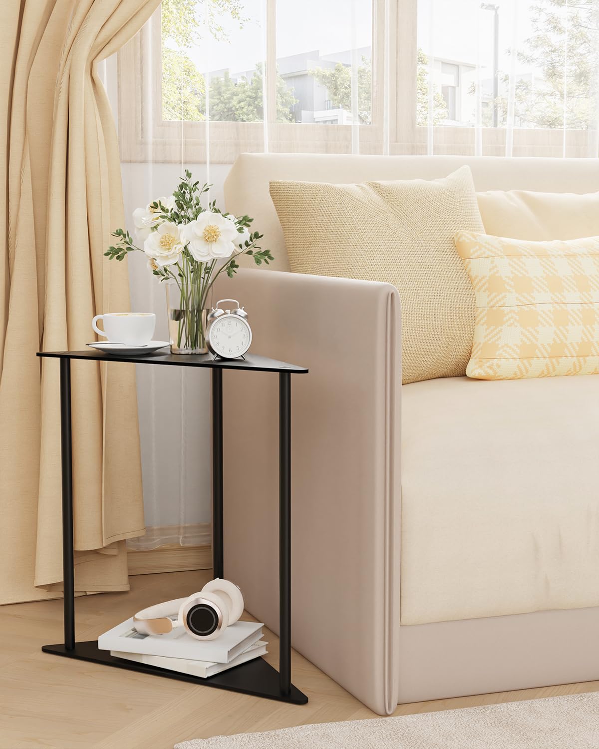 Yawinhe Triangle Metal Side Table,2-Tier Small Corner Table,Black,2 Pack