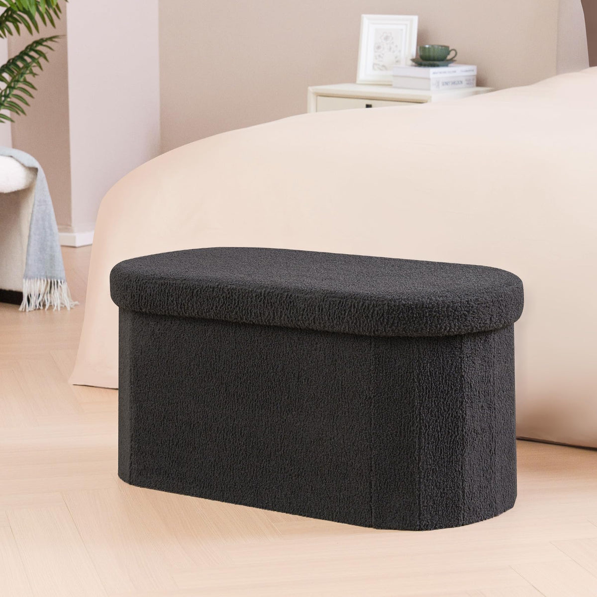 Bonlife Folding Ottoman Storage Bench,Boucle Footstool Oval, End of Bed Stool, Ideal for Living Room, Bedroom,76x38x38cm,Dark Grey