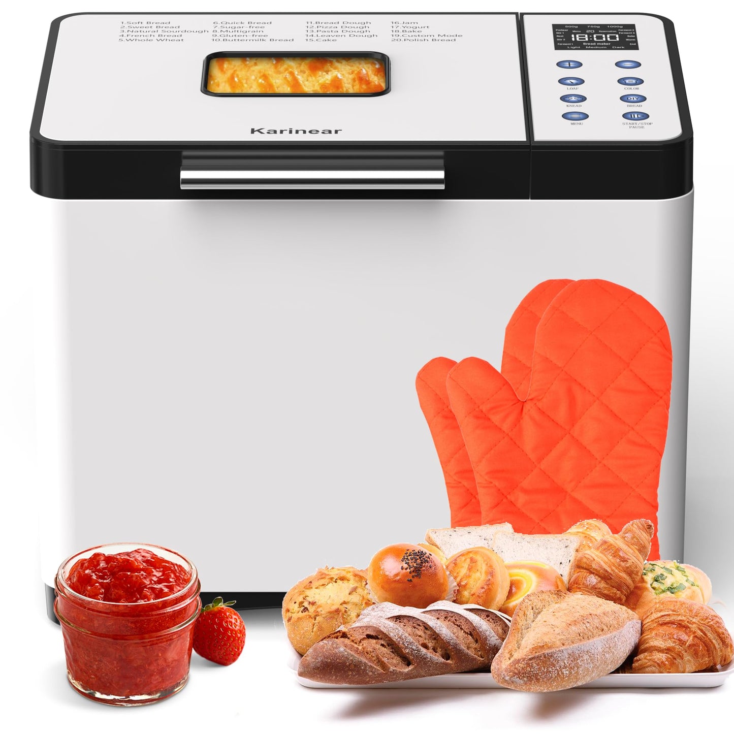 Karinear Bread Maker, Upgrade 20 Function Non-stick Pan Bread Machine with Gloves, 15H Timer 2LB Stainless Steel Bread Maker Machine with 3 Loaf Sizes