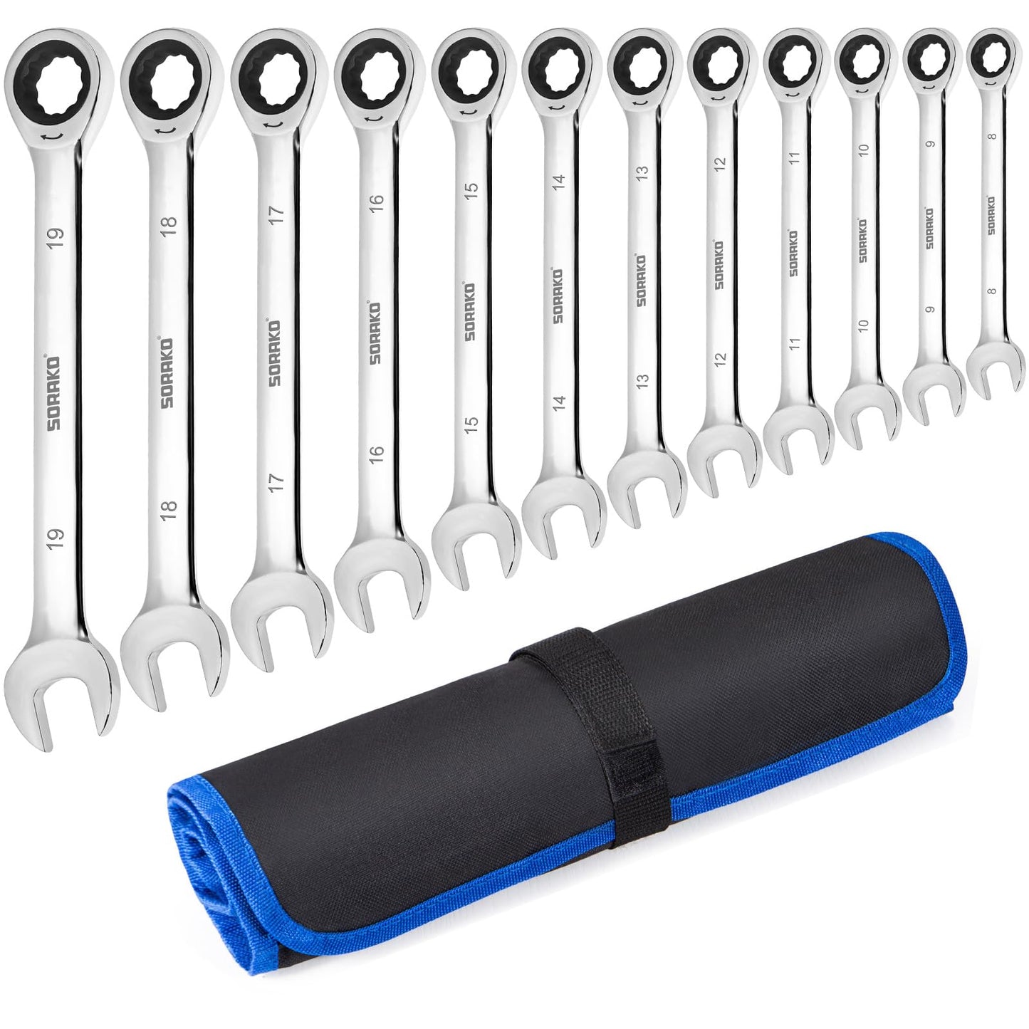 SORAKO Ratchet Spanner Sets, 12PCS Combination Wrenches, 72 Tooth Ratchet Gear 8-19 mm Metric Spanner Set, Fixed Head Combination Spanner Set in Roll