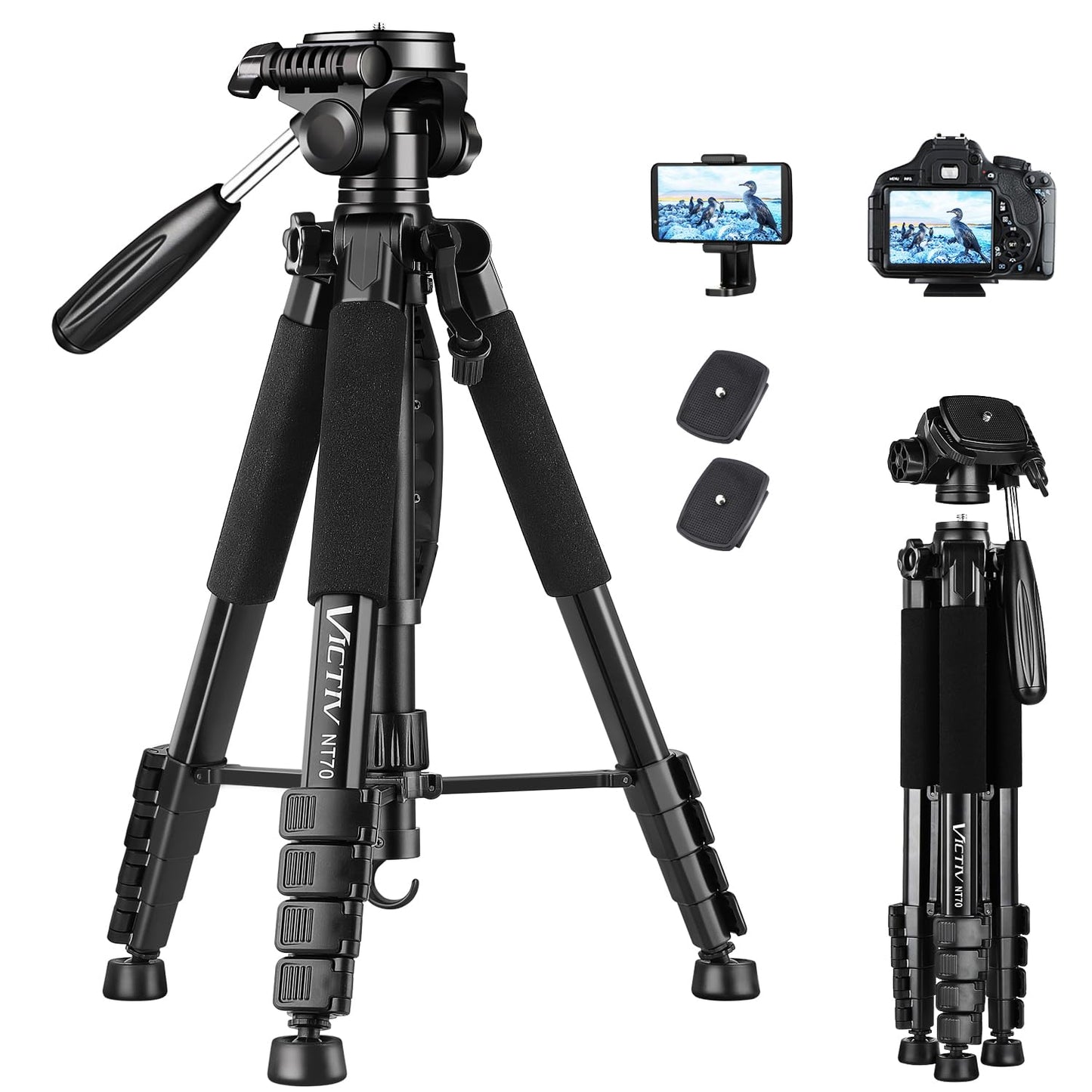 Victiv Camera Tripod 63-73" for Canon Nikon, Lightweight DSLR Camera Stand with Detachable 3-way Swivel Pan Head Max Load 14lb/6.35kg, Aluminum Tripod