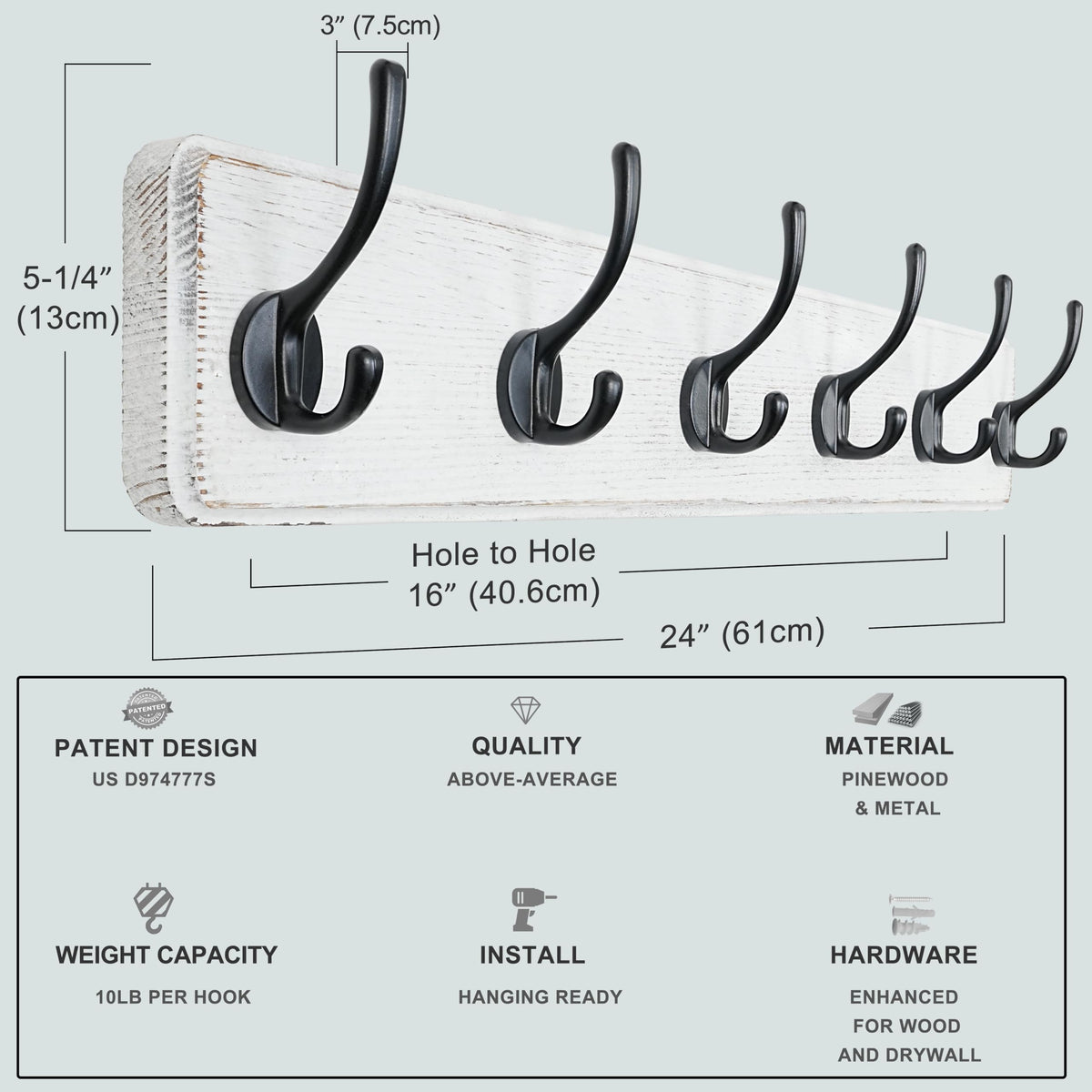 Dseap Wall Mounted Coat Rack: 60cm Long, Patented, Heavy-Duty, 6-Double-Hooks Wooden Hanger Rail for Winter Coats, Hat, Jacket, Clothing