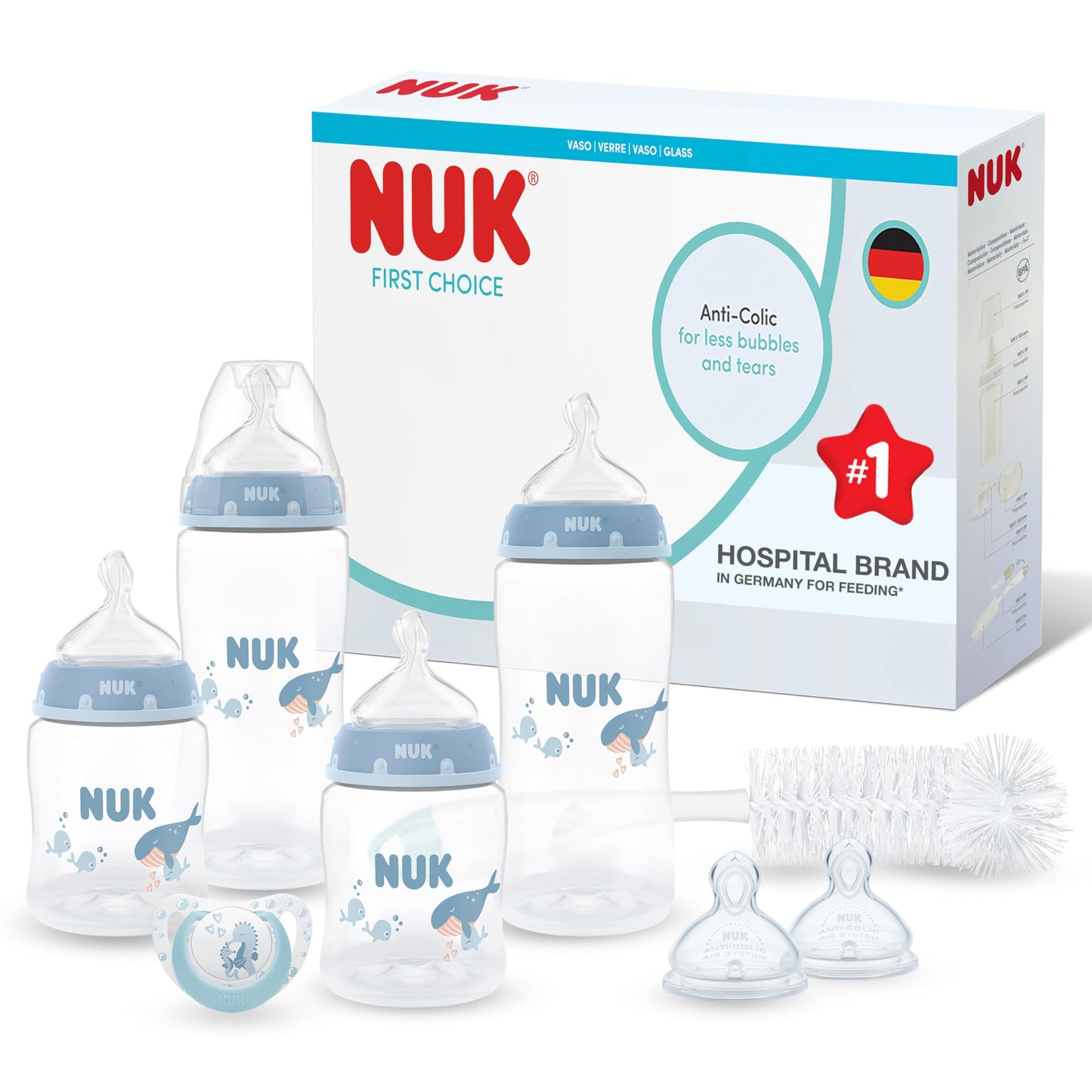 NUK First Choice Perfect Start Baby Bottles Set | 0-6 Months | 4 x Anti Colic Feeding Bottles (150ml, 300ml), 2 x Teats, 1 x First Choice Dummies, 1 x