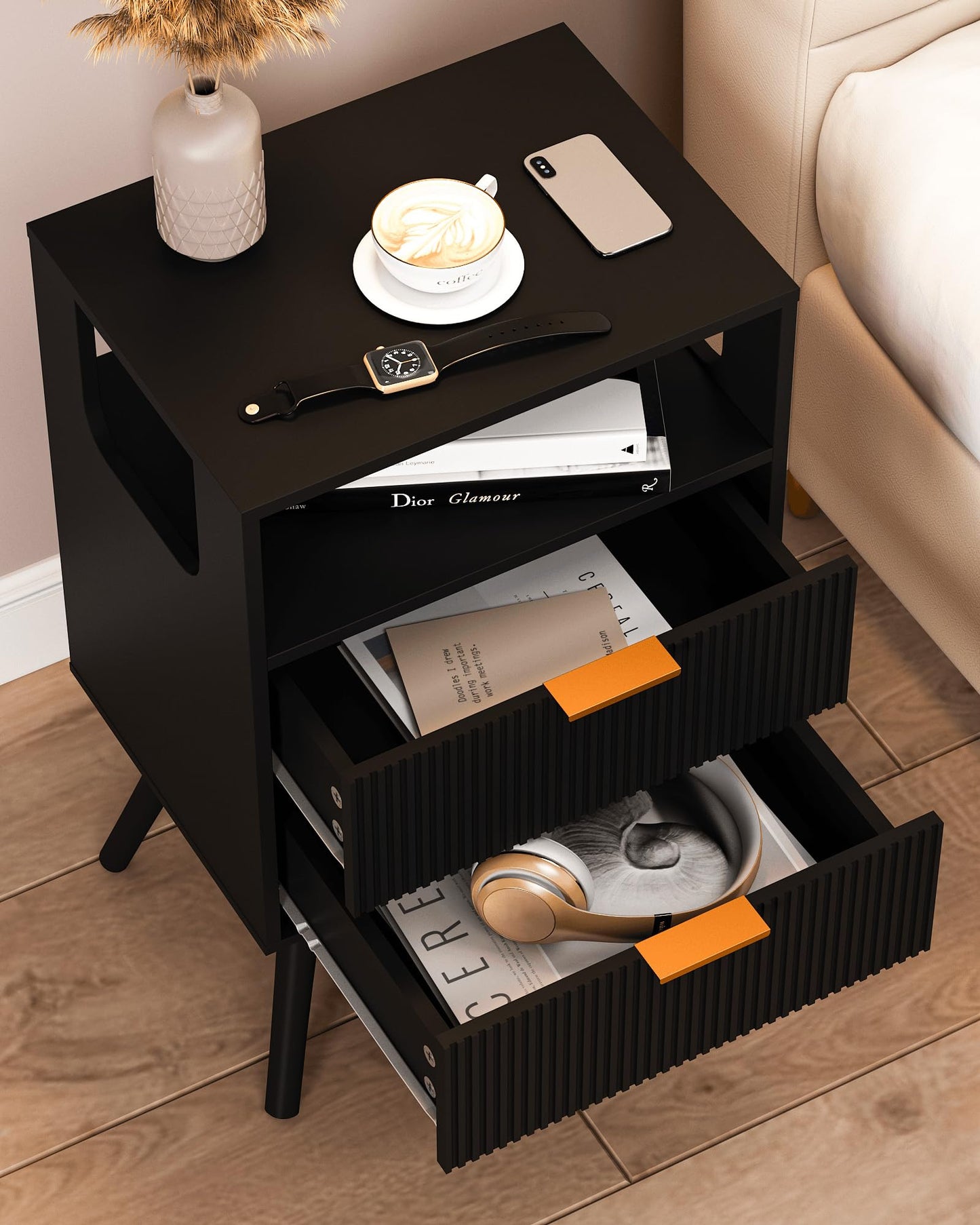 JERX Wooden Bedside Table, Nightstand with 2 Storage Drawer and Open Shelf Modern Bedside Cabinet for Bedroom,Black
