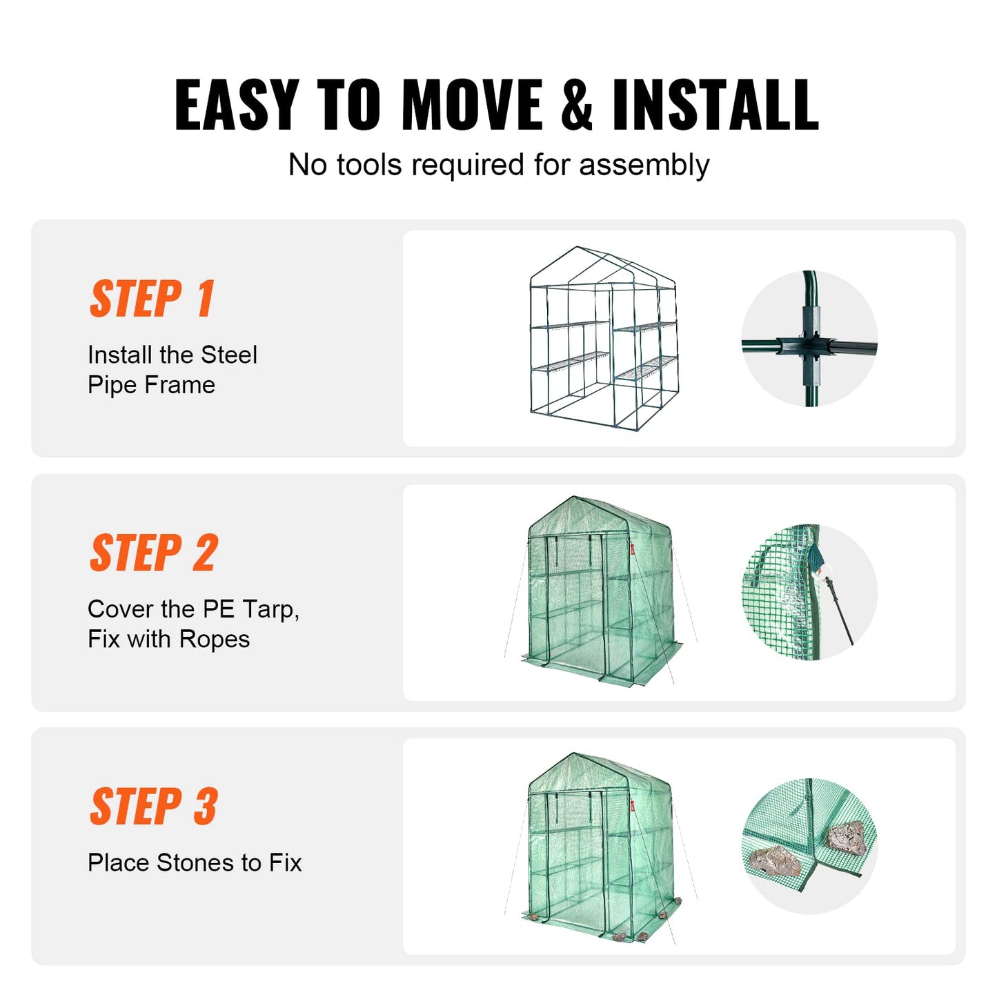 VEVOR Walk-in Green House, 4.6 x 4.6 x 6.6 ft Greenhouse with Shelves, Set Up in Minutes, High Strength PE Cover with Door & Windows and Steel Frame,