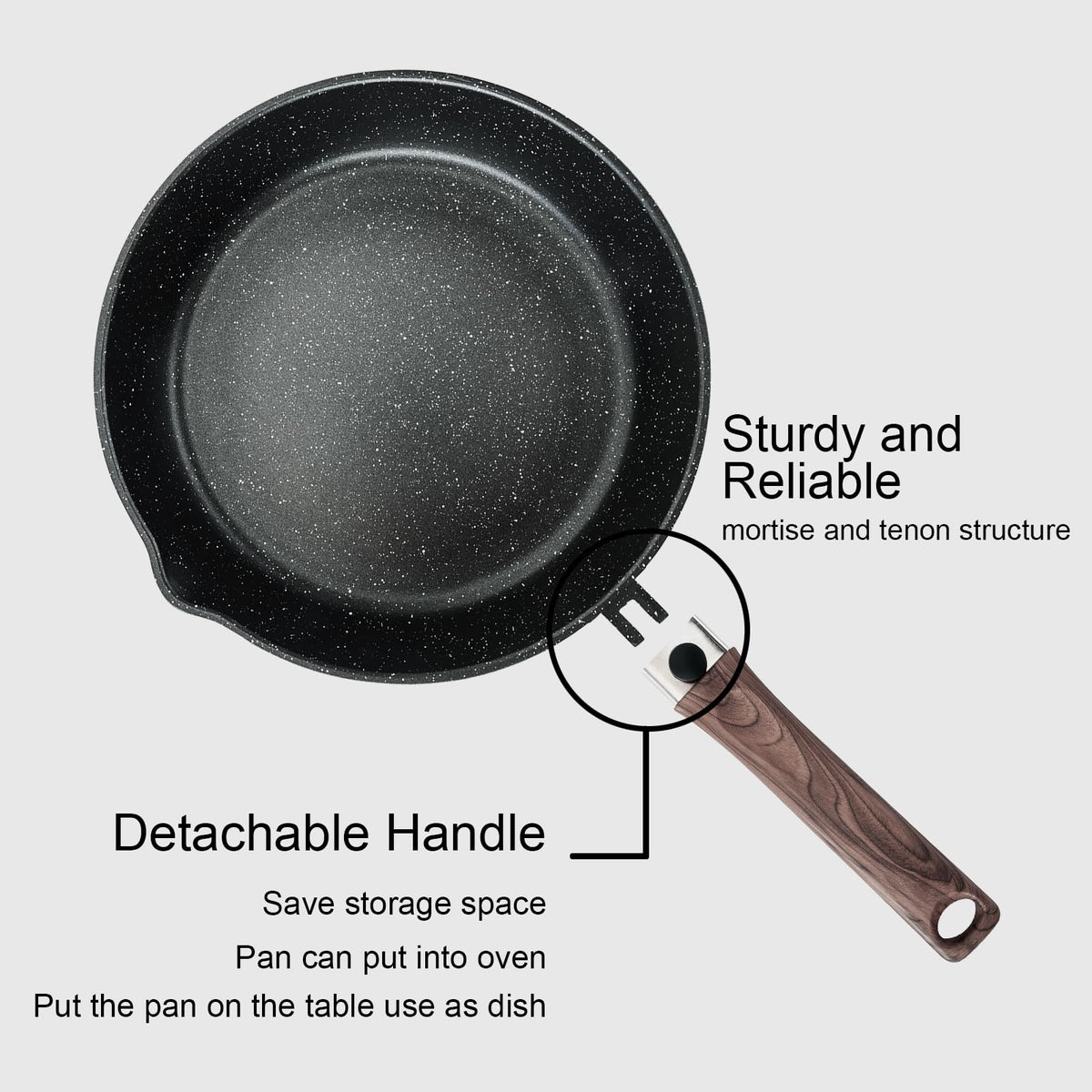 Kordisen Nonstick Deep Frying Pan with Lid, 28cm Saute Pan Skillet with Detachable Wood Handle, Granite Stone Coating for Cooking, Induction Cookware,