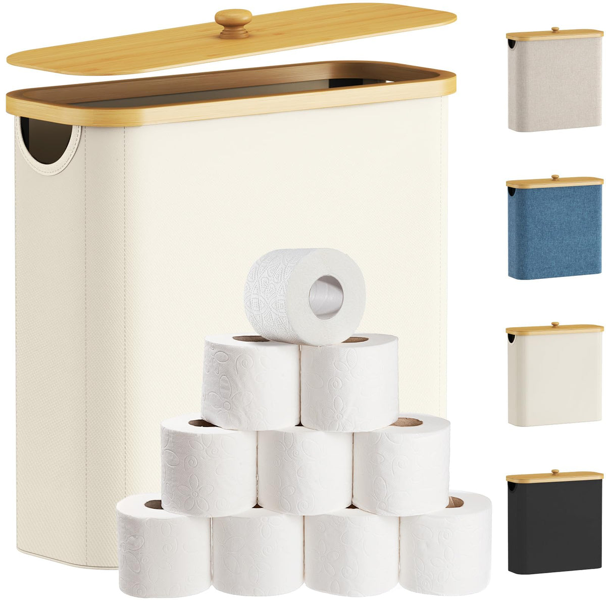 Lifewit 30L Toilet Roll Storage, Bathroom Storage Box Holder Stand with Lid, Bamboo Multifunctional Toilet Paper Basket Cabinet with Handle, White