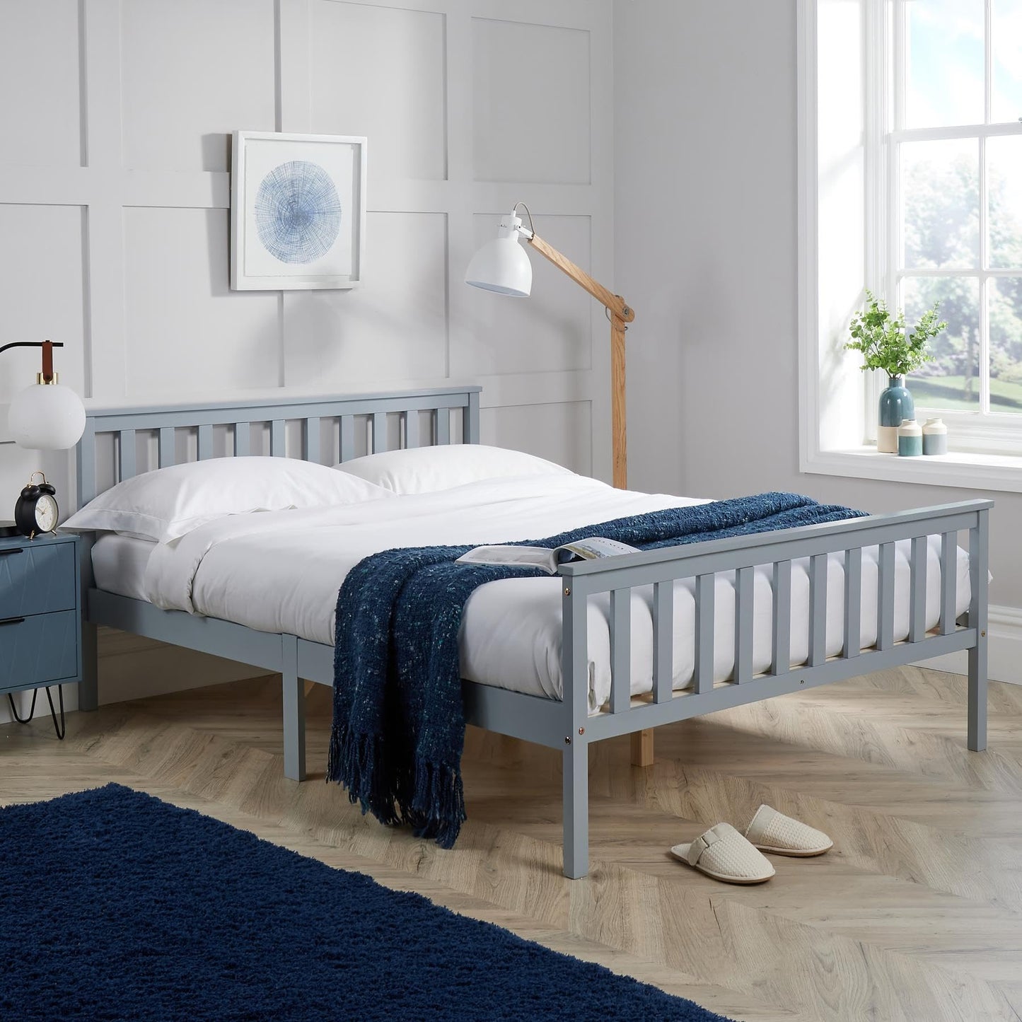 Home Source Florida Solid Pine Wood Shaker Style Bed Frame, Grey, 4ft 6-Inch Double