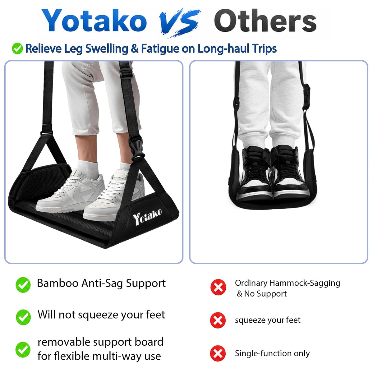 Yotako Foot Hammock for Flight - Adjustable Travel Airplane Foot Rest with Memory Foam & Bamboo Support, Portable Leg Hammock for Long Flights
