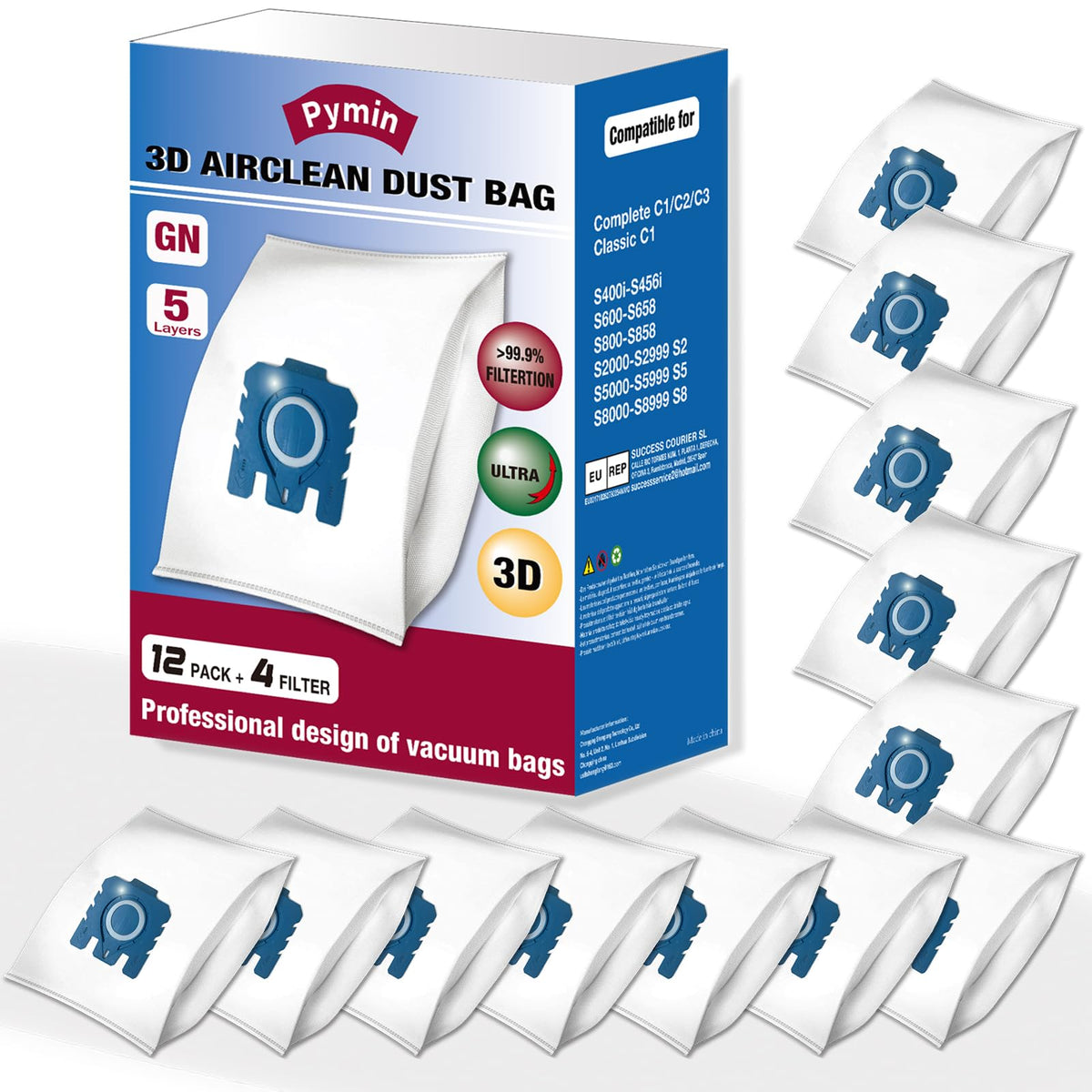 Pymin 12 Pack GN Vacuum Dust Bags Replacements Compatiable with Miele Classic C1, Complete C2 C3, Cat & Dog,S200-S8000 Series Vacuum Cleaner, Replaces