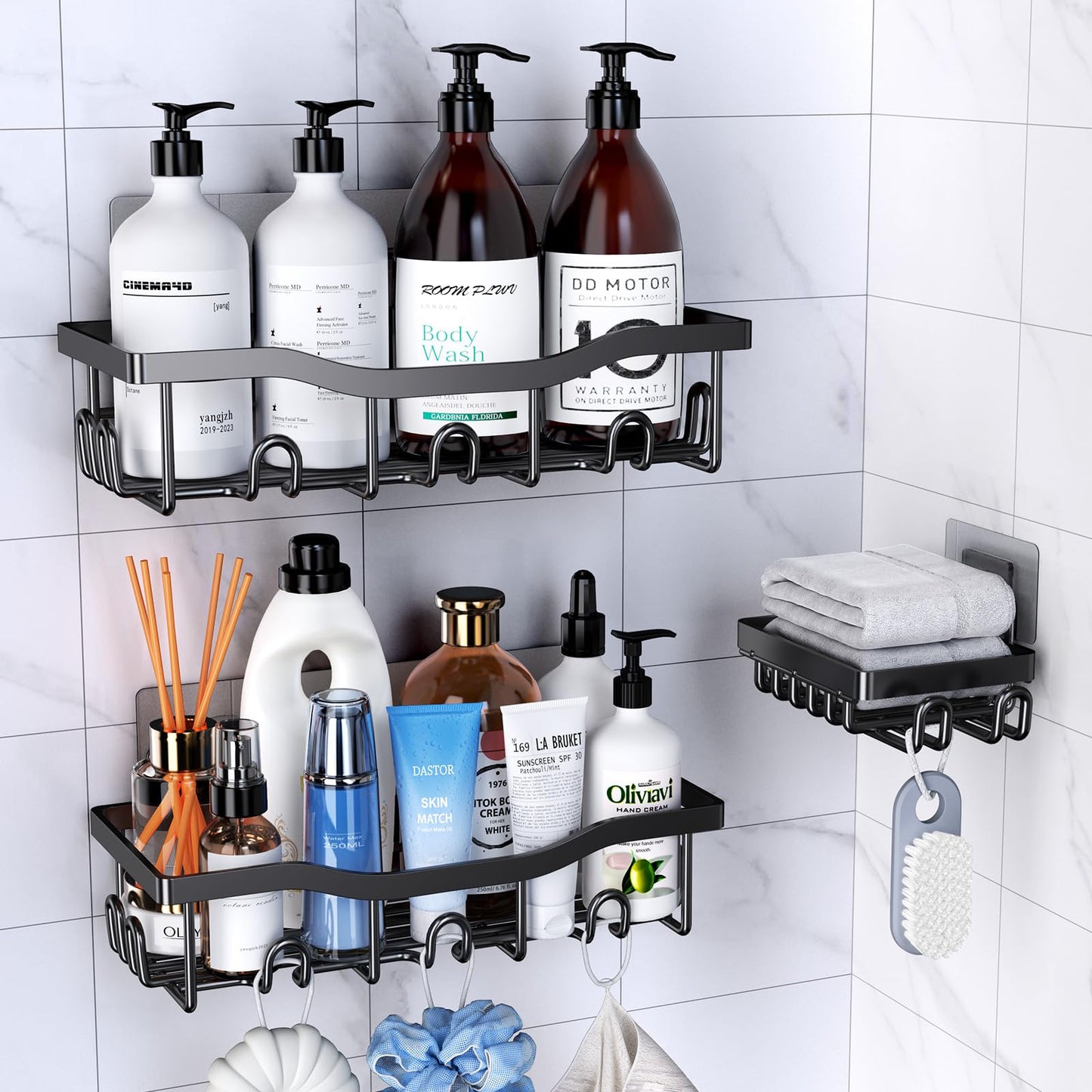 PKBD Rustproof Stainless Steel Shower Caddy 3 Pack, Bathroom Storage Accessory Shelf Organiser No Drilling Hanging, Soap Holder Set, Kitchen Wall