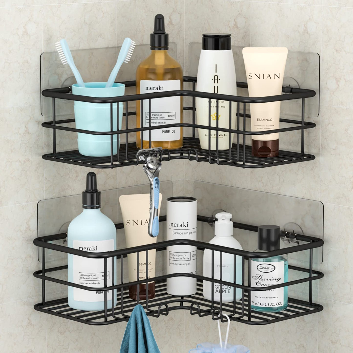 Menbyci 2-Pack Corner Shower Caddy, Adhesive Bath Shelf with Hooks, Stainless Steel 304 Rust Resistant Bathtub Accessories Organizer, Storage Rack