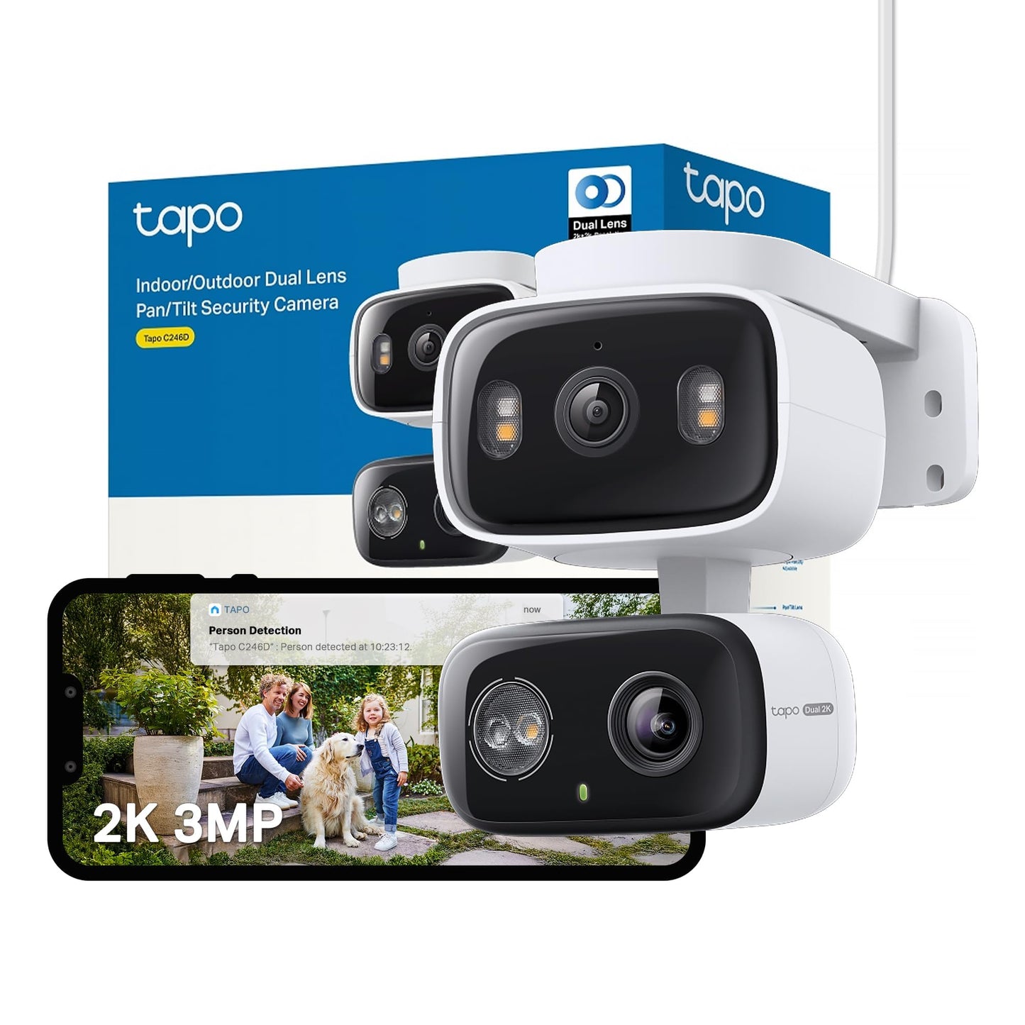 Tapo C246D 2K 3MP Dual Lens Security Camera Outdoor, AI Detection, Outdoor Camera,CCTV,125?Wide Angle Two Views,One Screen,Smart Tracking,IP65,Google
